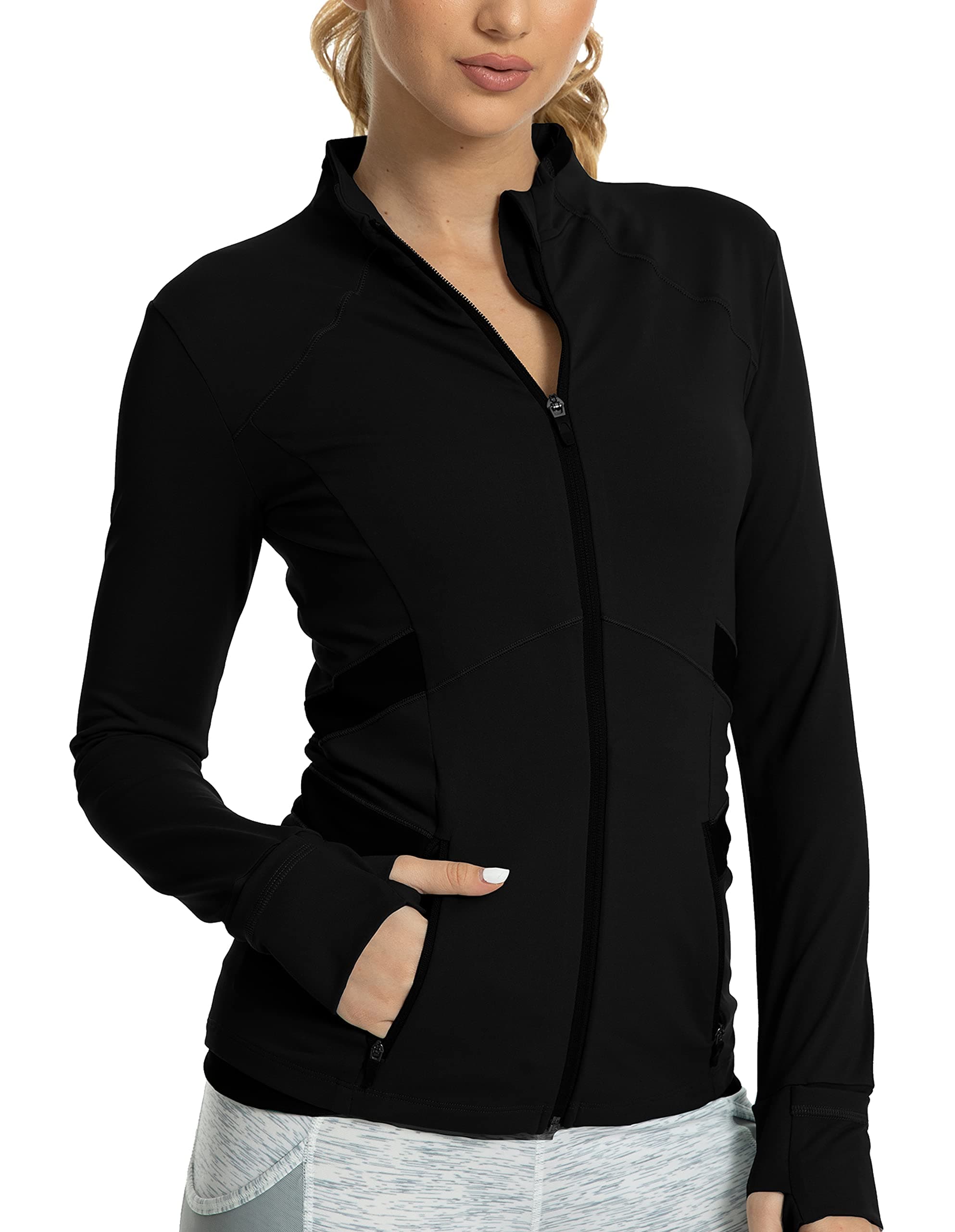 QUEENIEKE Women's Slim Fit Workout Jackets - Zip Up Athletic Running Jacket with Color-blocked Mesh & Thumb Holes