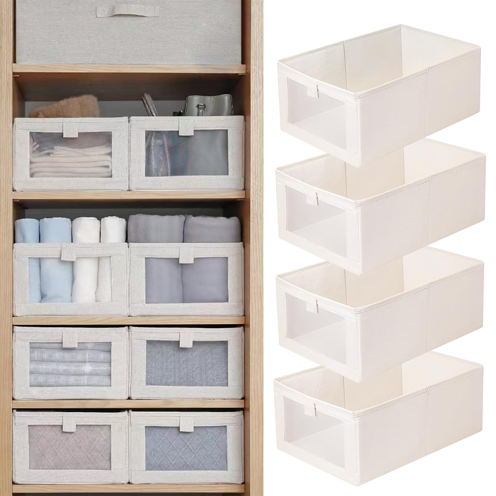 Linen Closet Organizers - 4 Pack Foldable Storage Bins with Clear Window - Organize Clothing, Jeans, Shelves