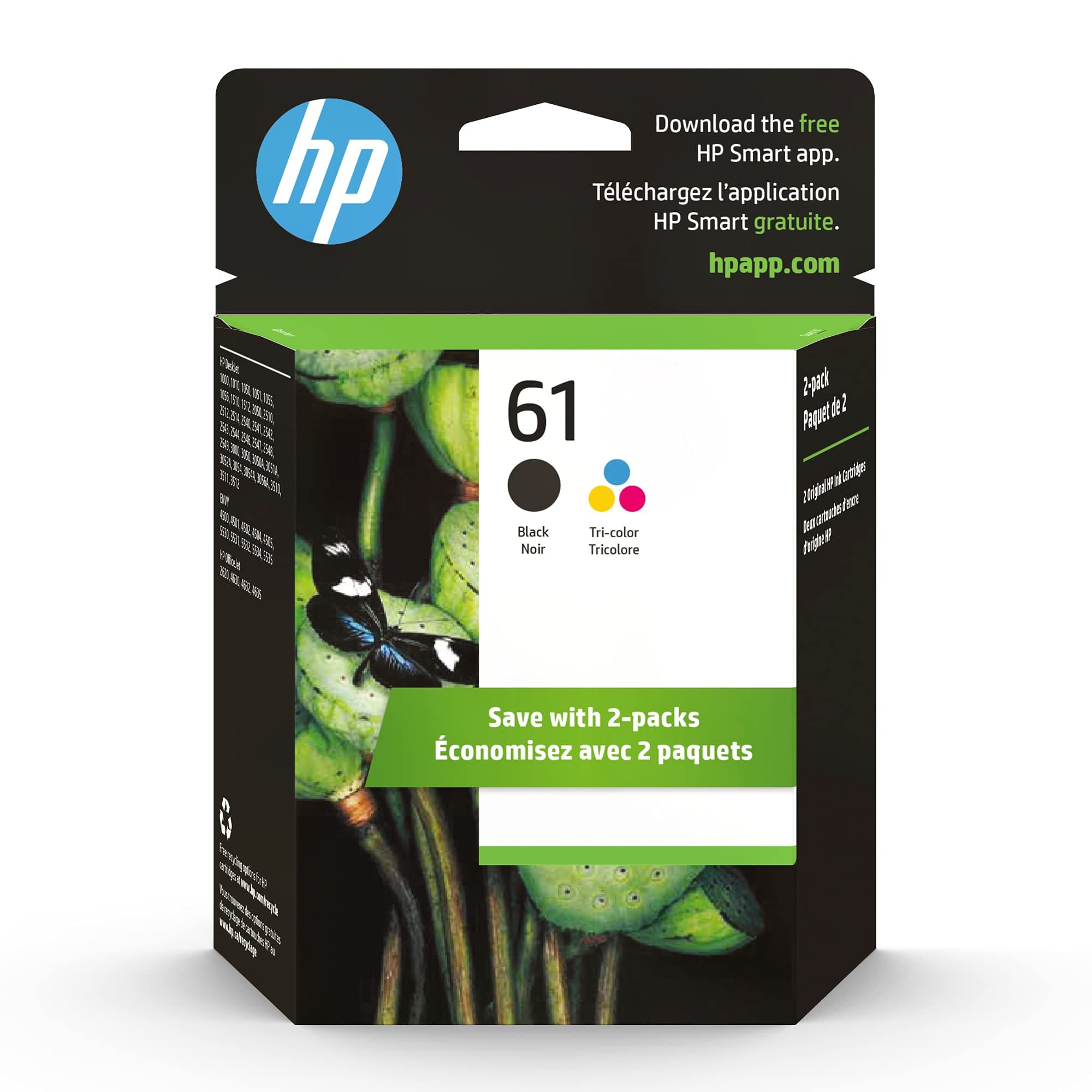HP 61 Black Ink Cartridge (CH561WN), HP 61 Tri-Color Ink Cartridge (CH562WN), 2 Ink Cartridges (CR259FN)(Packaging may vary)