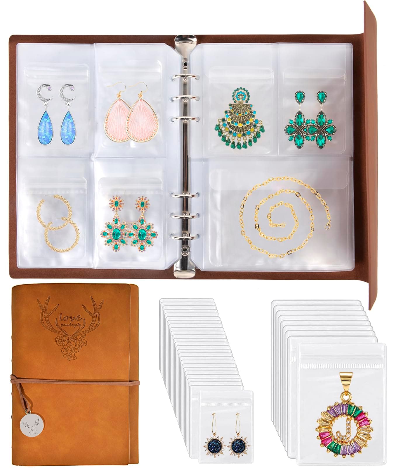 ChezMax Jewelry Organizer Book, Travel Earring Storage Case with Pockets, PU Leather Portable Jewelry Holder with Clear Bags for Necklace, Rings, Bracelets, Stud (76 Grids+76 Anti-Oxidation PVC Bags)