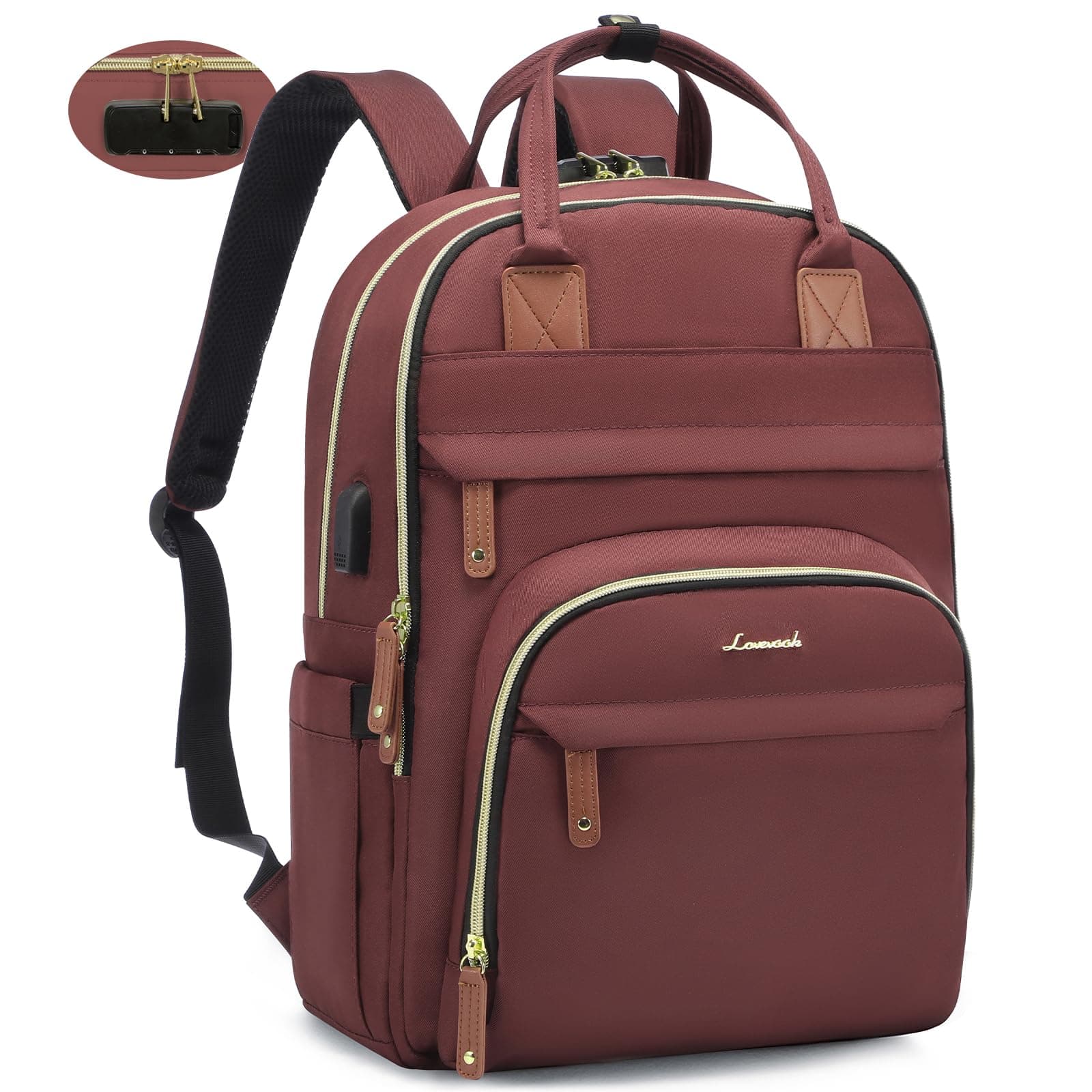 LOVEVOOK Laptop Backpack for Women, 15.6 Inch, Red Brown, Red Brown, 15.6 Inch