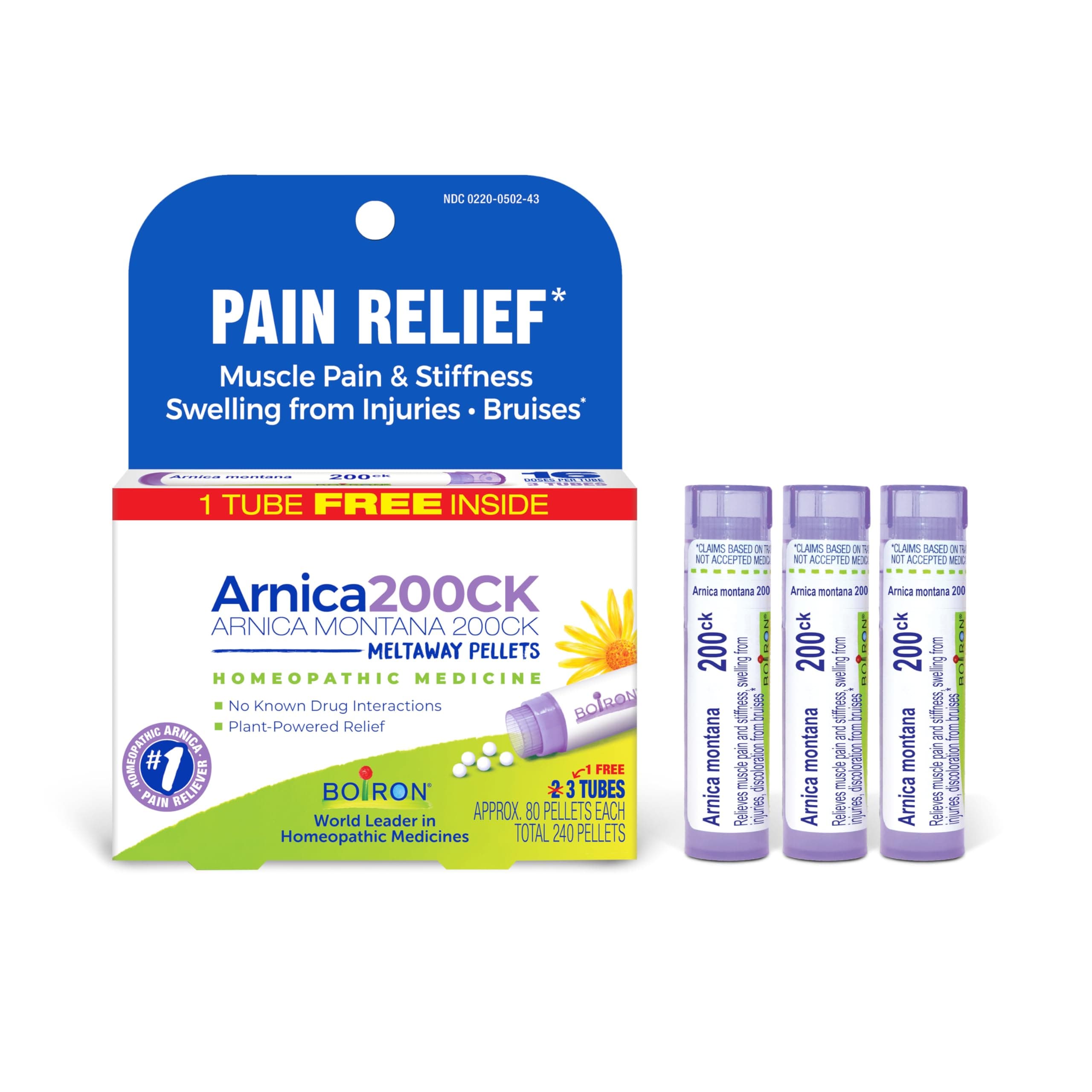 Boiron Arnica Montana 200CK Homeopathic Medicine for Pain Relief, Muscle Pain & Stiffness, Swelling from Injuries, & Bruises - 3 Count (240 Pellets)