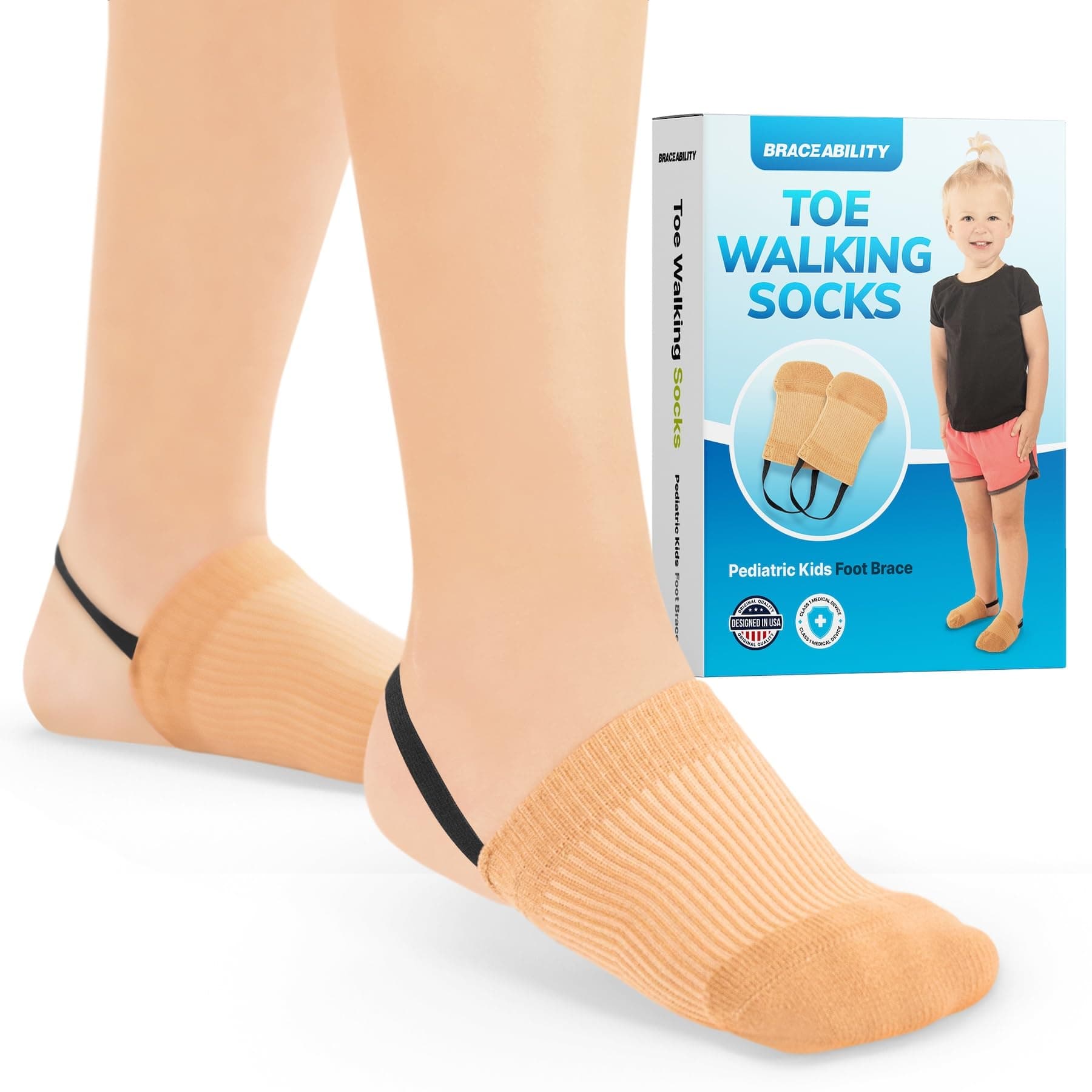BraceAbility Toe Walking Socks (Pair) - Pediatric Kids Foot Brace for Comfortable Tip Toe Walking Prevention and Correction for Children and Toddlers, Cerebral Palsy Equipment, ADHD Support (L - Beige)