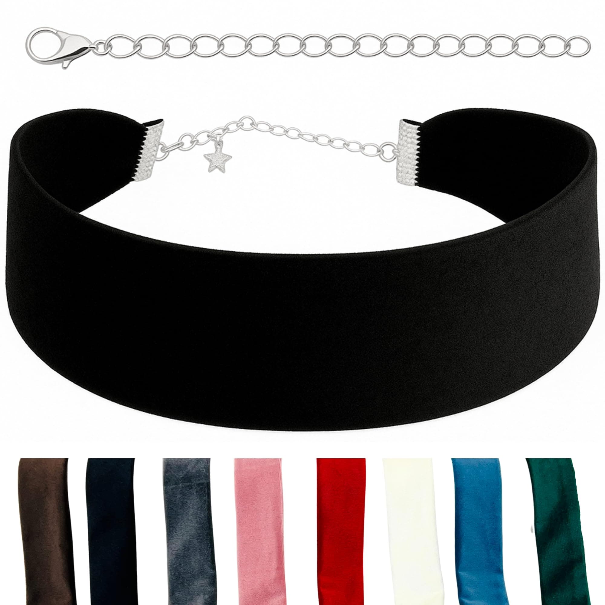 Velvet Choker for Women, Wide 1.5" 90s Ribbon Adjustable 12–18" with Stainless Steel Clasp, Soft Skin-Friendly Velvet — Black