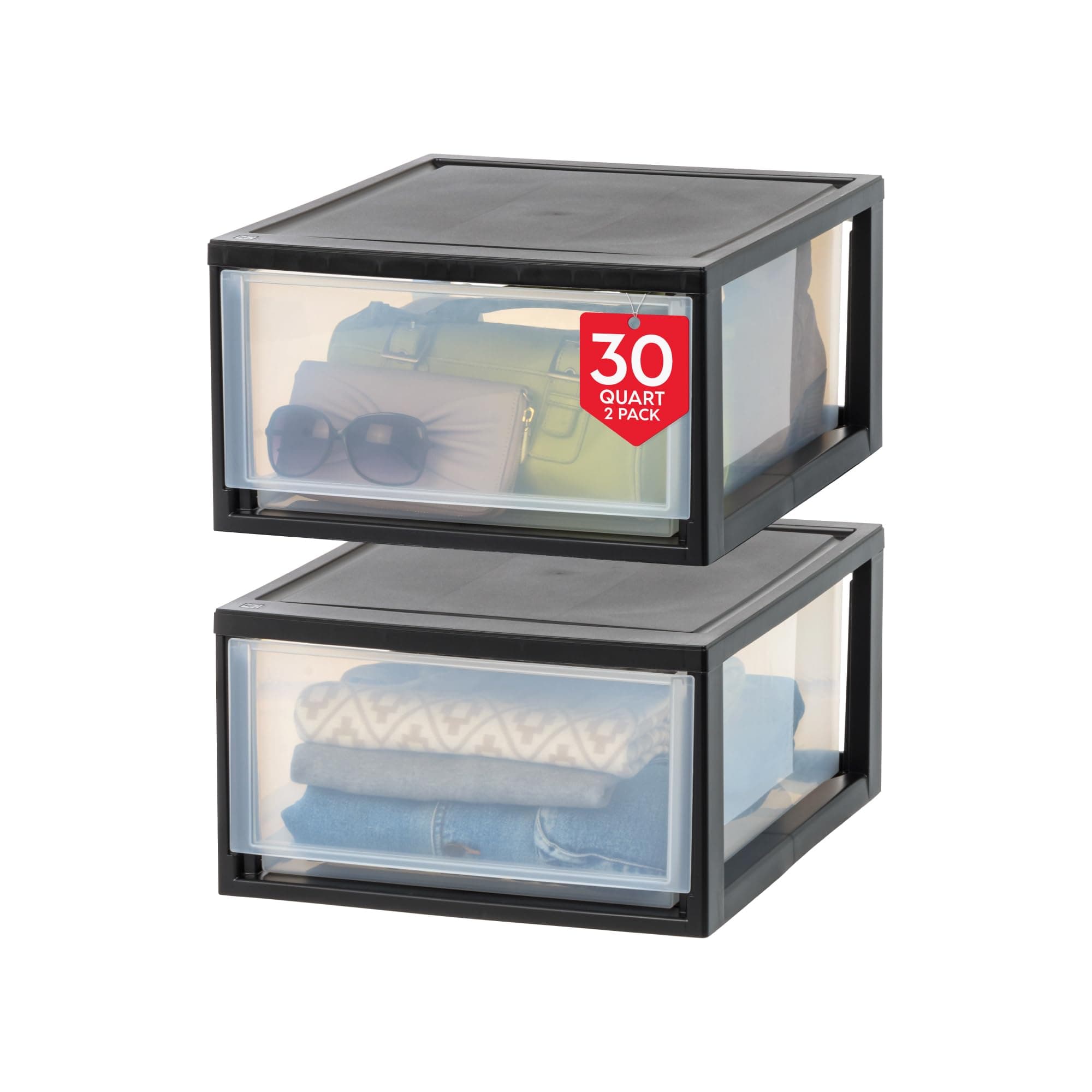 IRIS USA 2 Pack 29.5Qt Plastic Stackable Storage Drawers, Black