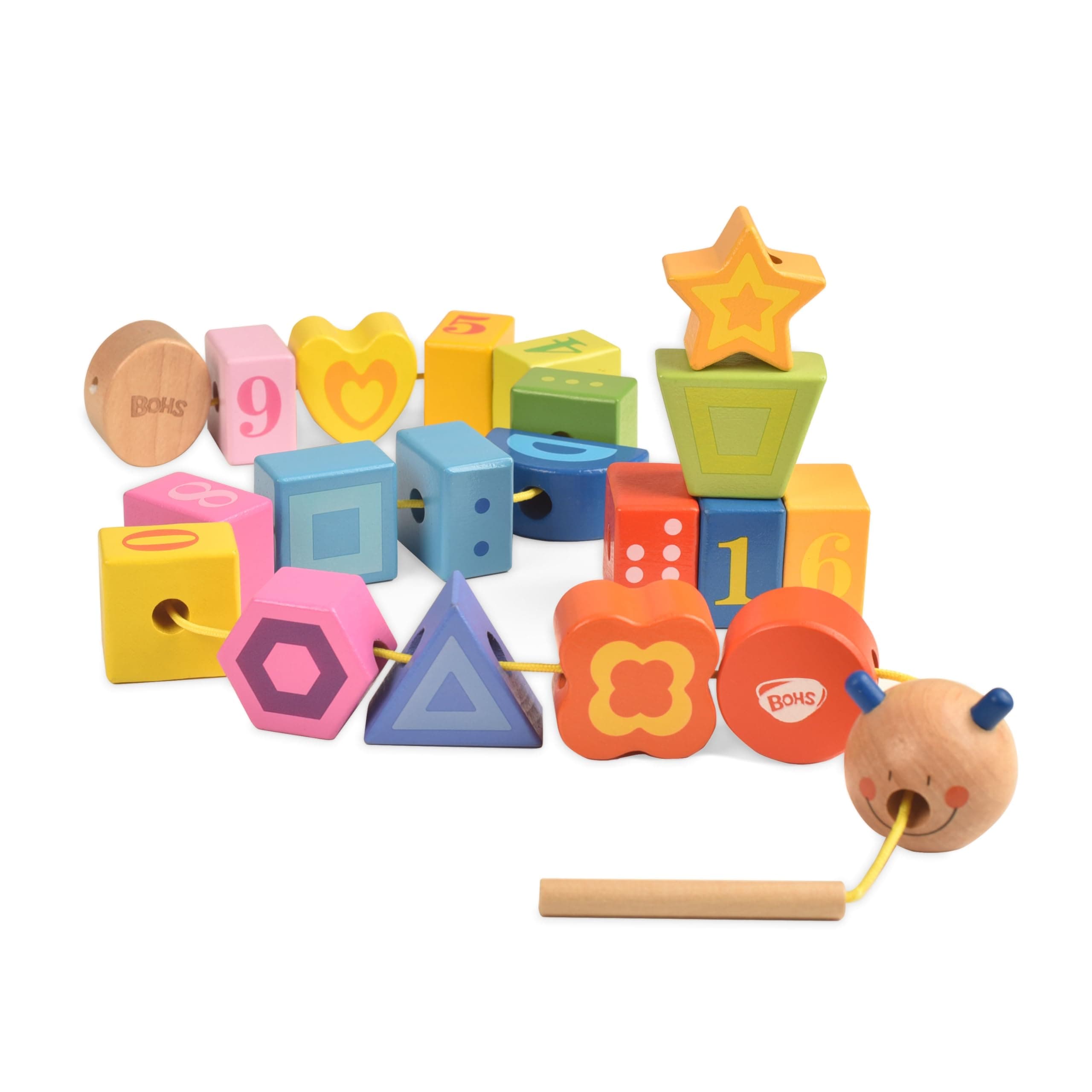 BOHS Caterpillar Lacing BLocks - Threading & Stacking - Toddler Learn Counting, Numbers and Shapes- Baby Kids Fine Motor Skills Toys