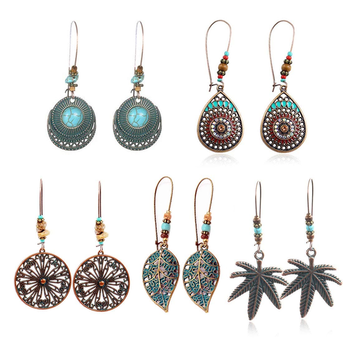 COMMINY Bohemian Vintage Dangle Earrings, Metal Hollow Pendant Earrings Set Boho Chic Jewelry for Women Girls