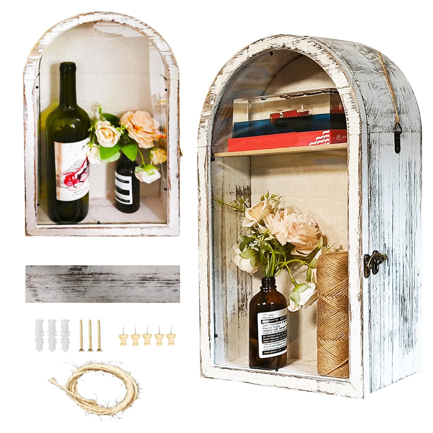 10x16 Large Shadow Boxes Display Cases Shadow Box Frame with Removable Shelves and Linen Back, Arch Shape Picture Frame Memory Box for pet memorials, Wedding, Medals, Military (Old White)