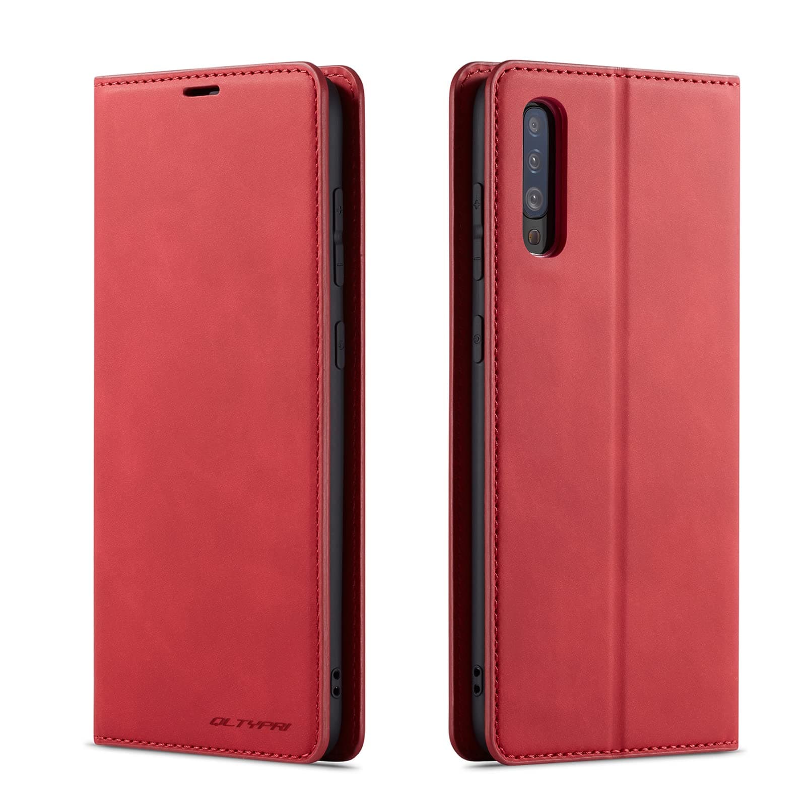 QLTYPRI for Samsung Galaxy A70 Case, Premium PU Leather Cover TPU Bumper with Card Holder Kickstand Hidden Magnetic Adsorption Shockproof Flip Wallet Case for Galaxy A70 - Red