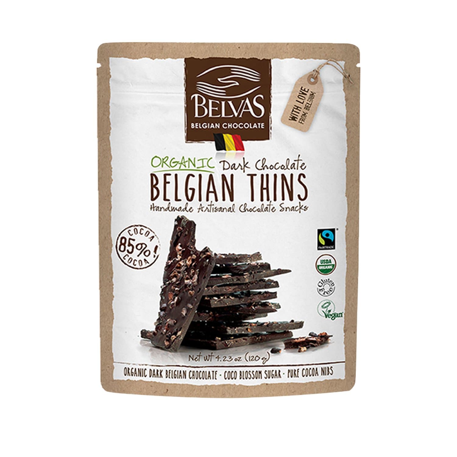 Belvas Belgian Thins Organic Dark Chocolate Snack with 85% Cocoa and Sweetened with Coco Blossom Sugar - Vegan, Gluten Free, Fairtrade, 4.23 oz. Resealable Bag
