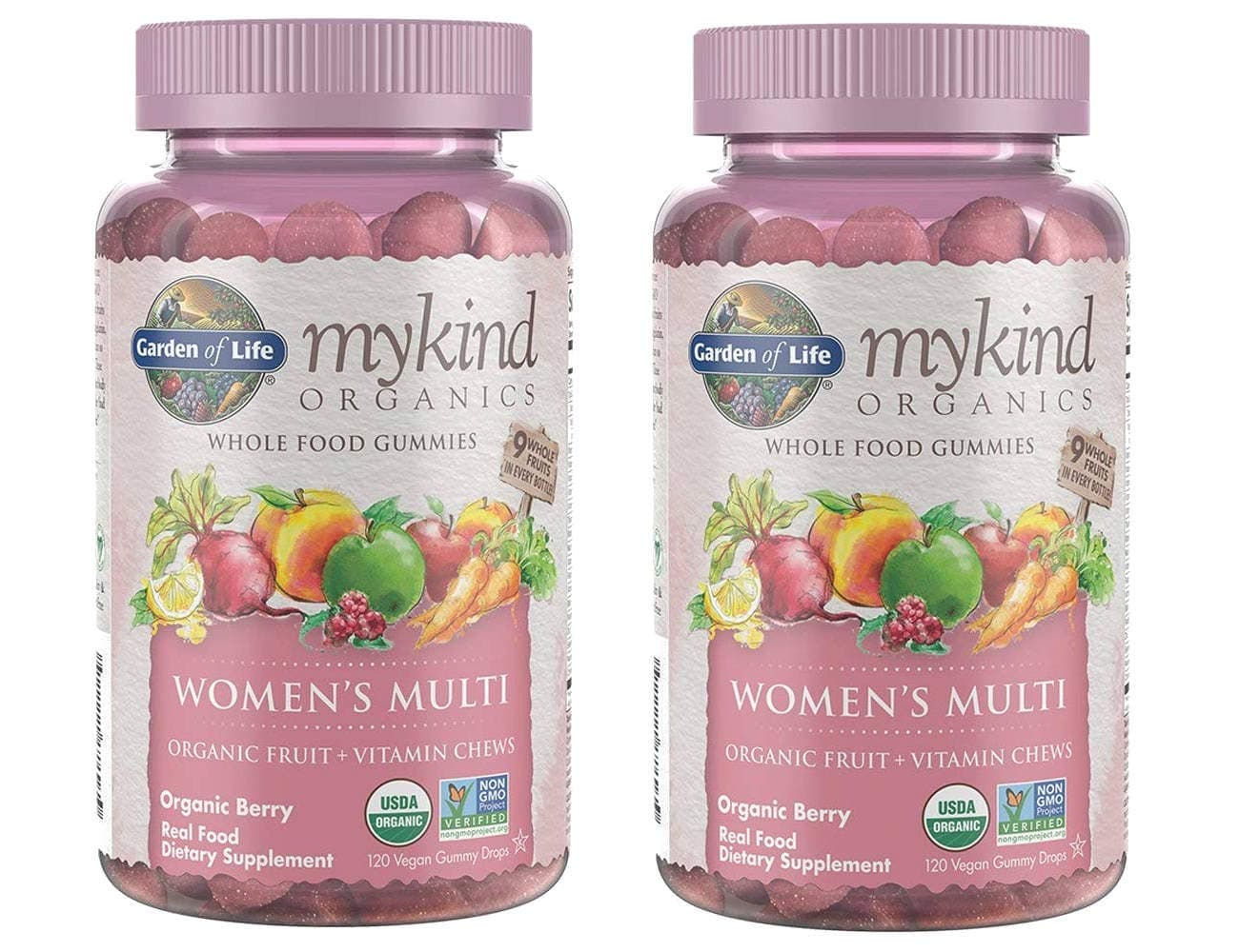 Women's Multi Whole Food, Organic Vitamin Chews in Delicious Organic Berry (120 Vegan Gummy Drops) Pack of 2 Y
