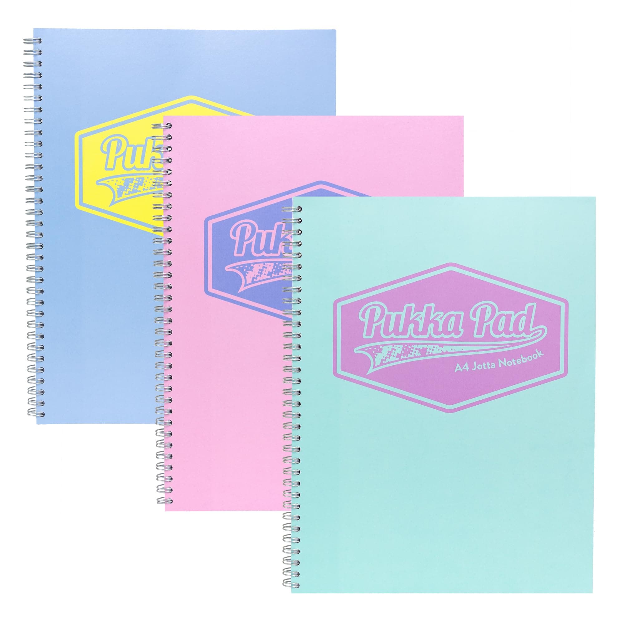 Pukka Pad Pastel A4 Jotta Notebooks – Pack of 3 Wirebound Notepads with 200 Pages, 100 Sheets of 80GSM Ruled Paper and Perforated 4-Hole Punched Margins – Pink, Blue, & Green, 29.7 x 22.4 cm