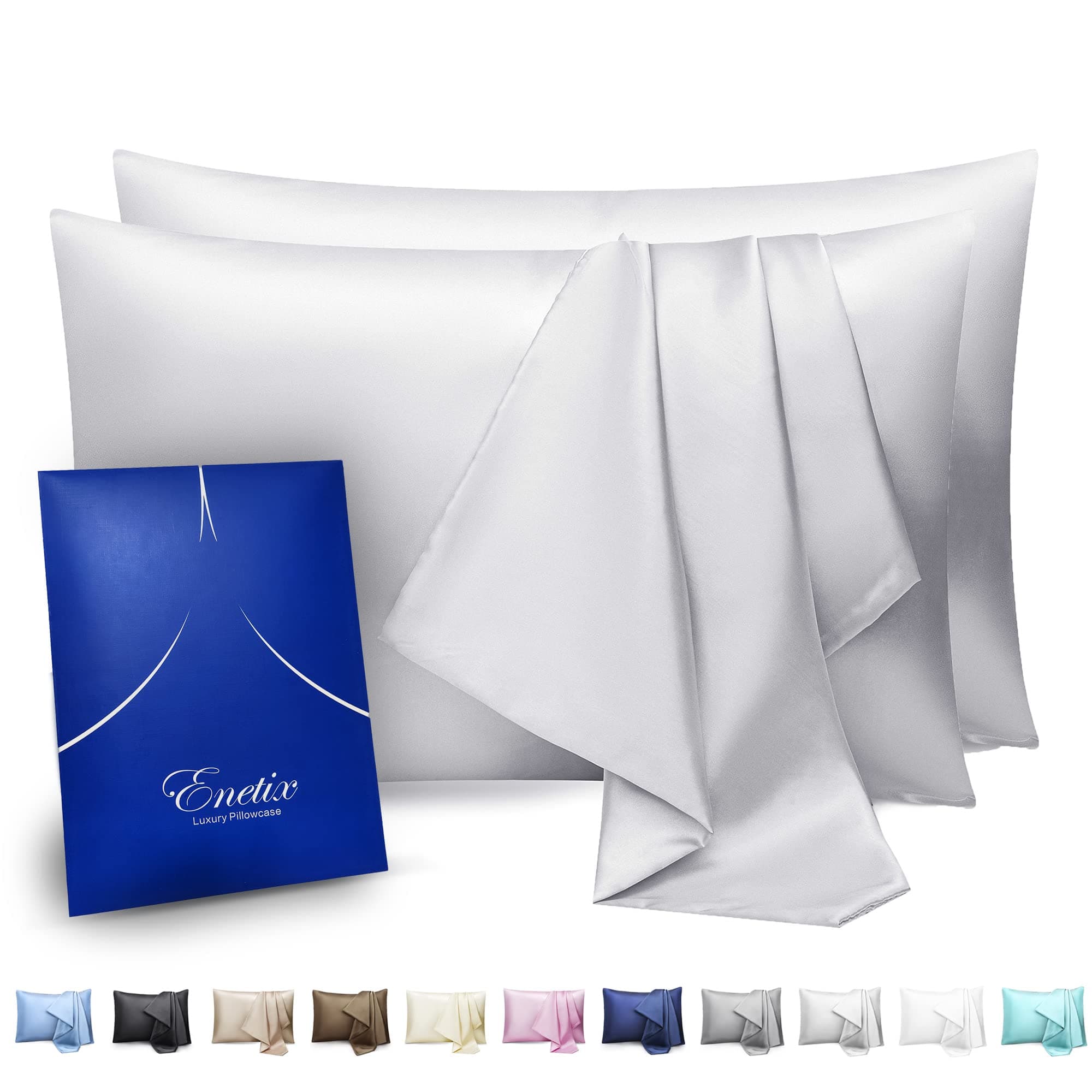 Silk Satin Pillowcase for Hair and Skin, 2-Pack with Gift Package, Acne Free Hidden Zipper Pillow Cover (Standard (50 x 75cm), Silver)