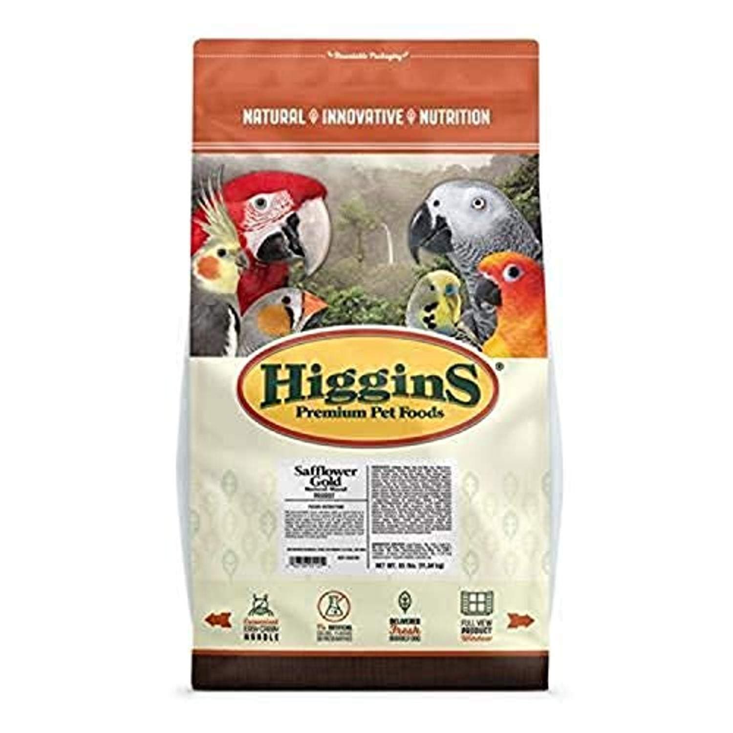 Higgins Safflower Gold Food For Parrots, 25-Pound