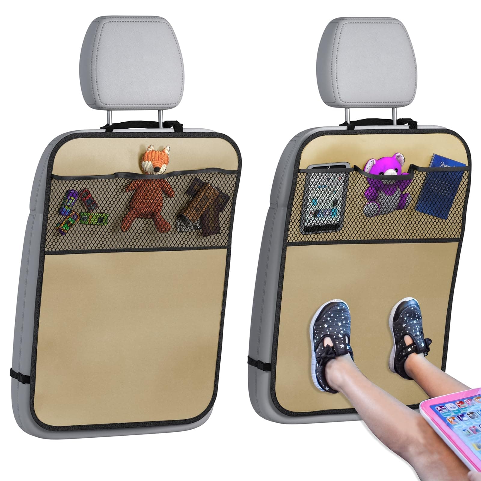 lebogner Back Seat Cover for Kids + 3 Pocket Storage Organizer, 2 Pack Kick Mats Backseat Protector, Car Accessories Waterproof Kick Guard for Vehicles to Protect from Dirt, Mud & Scratches, Beige