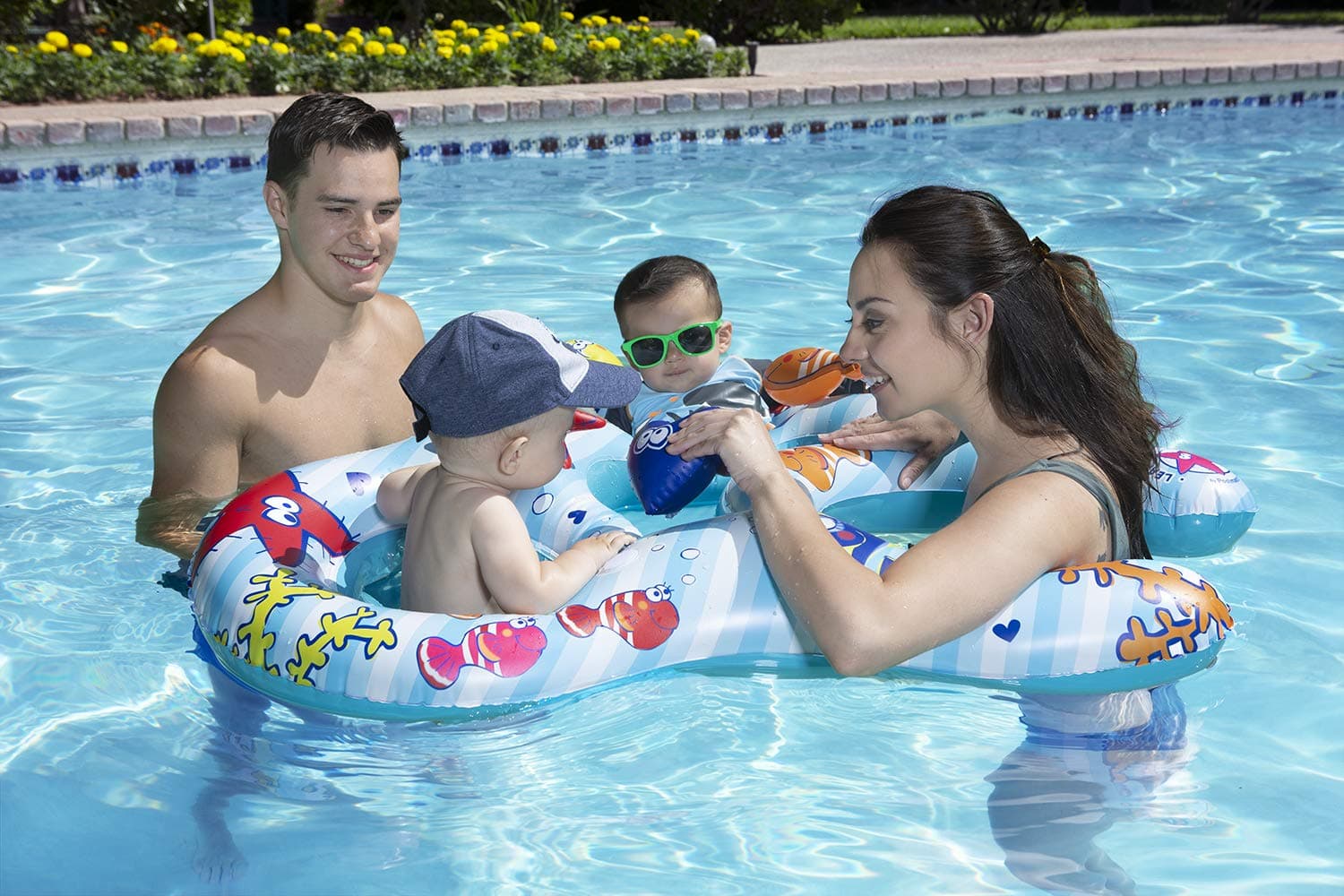 Poolmaster Mommy and Us Dual-Child Baby Pool Float for Two Kids, Infant and Toddler Swim Rider with Adult Ring Opening for Adult and Chidren to Float together (Ages 8–24 Months)