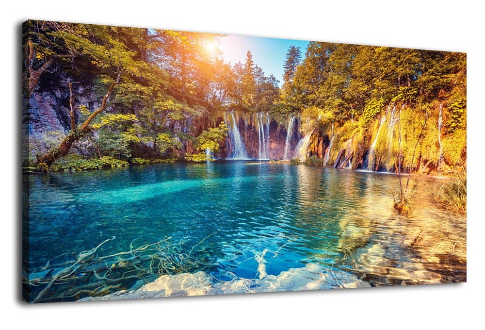 arteWOODS Canvas Wall Art Waterfall Lake Painting Nature Pictures Long Canvas Artwork Plitvice Lakes Colorful Wall Art for Home Office Decoration Framed Ready to Hang 20" x 40"