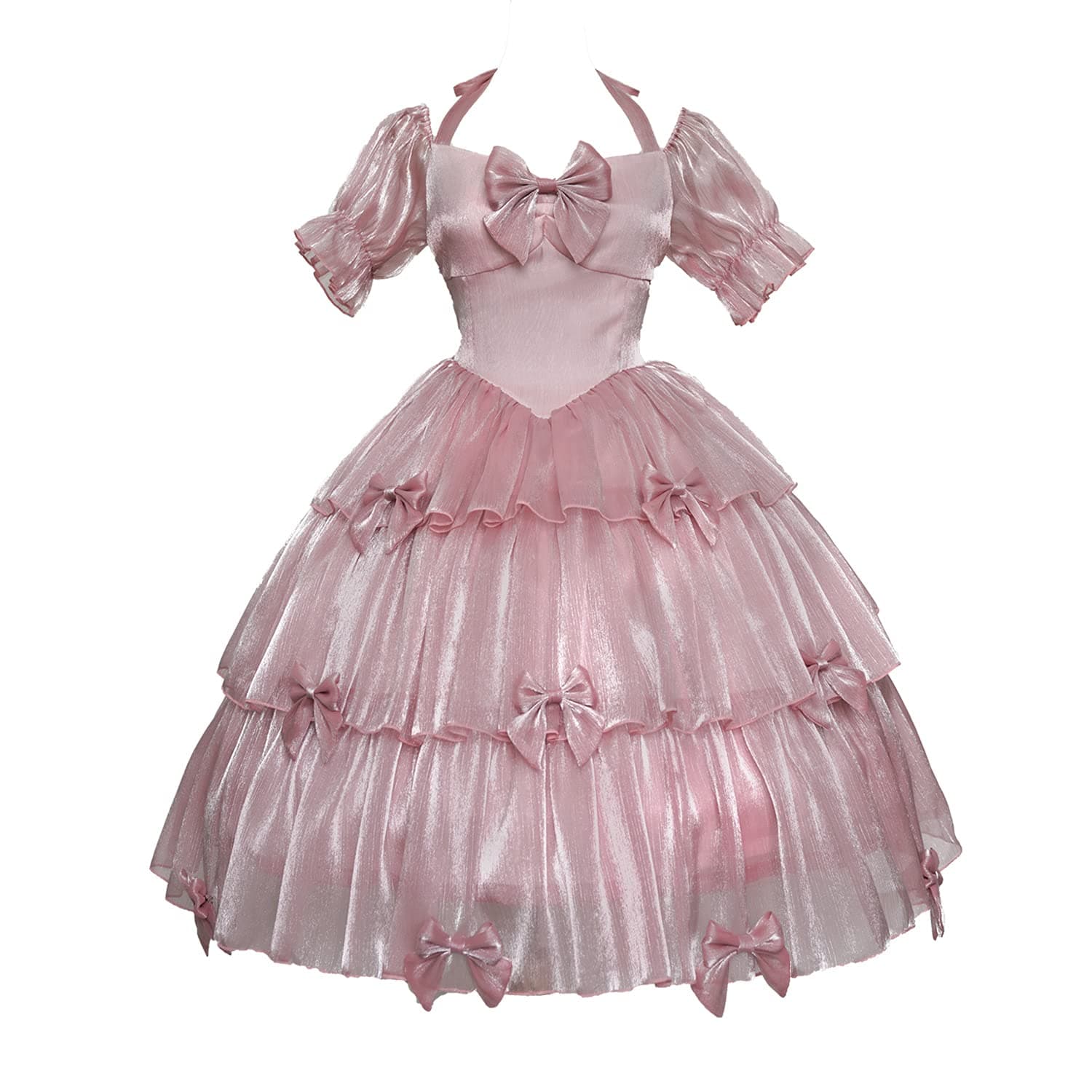 Elegant Pink Gothic Dress Puff Sleeve Dress with Bows