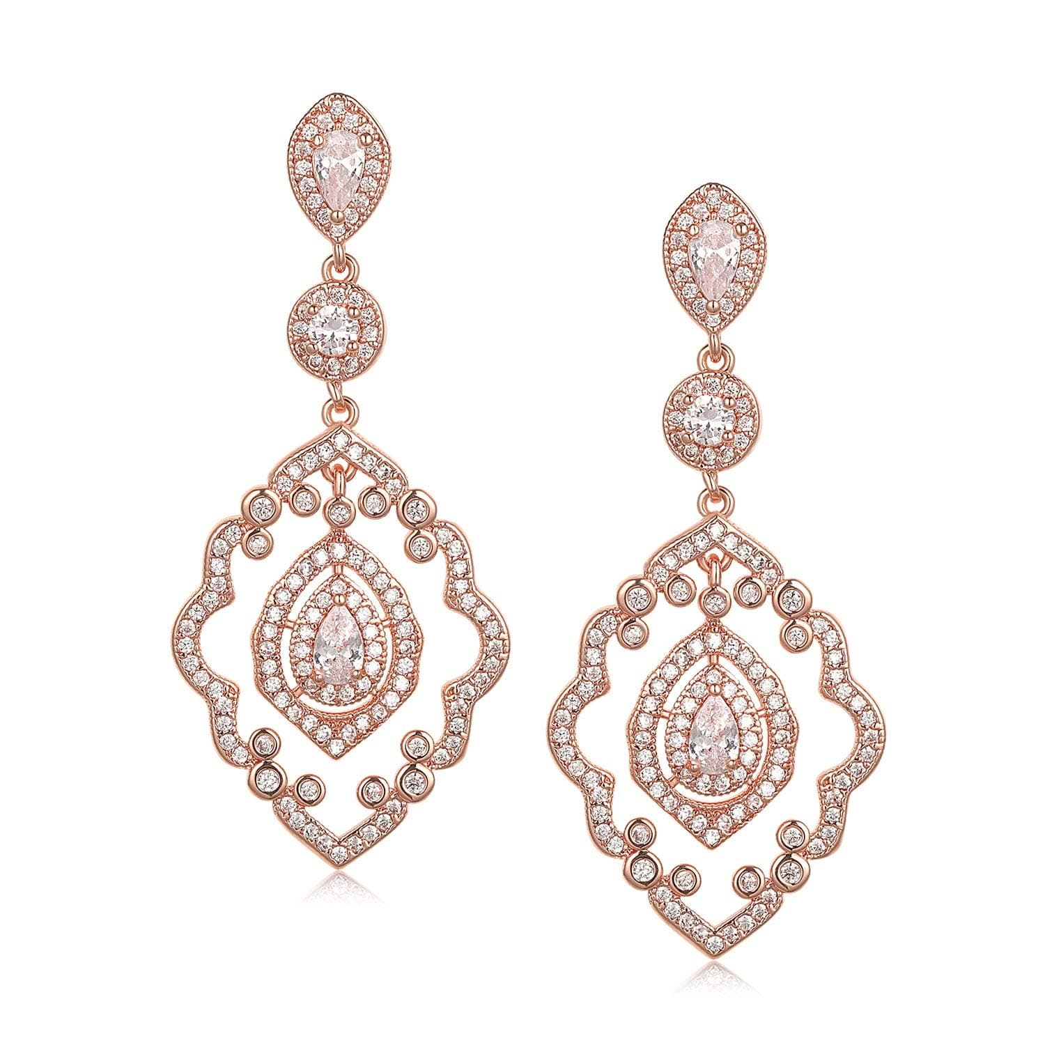 Chandelier Wedding Earrings Rose Gold Bridal Earrings for Women Brides-Art Deco Drop Dangle Earrings