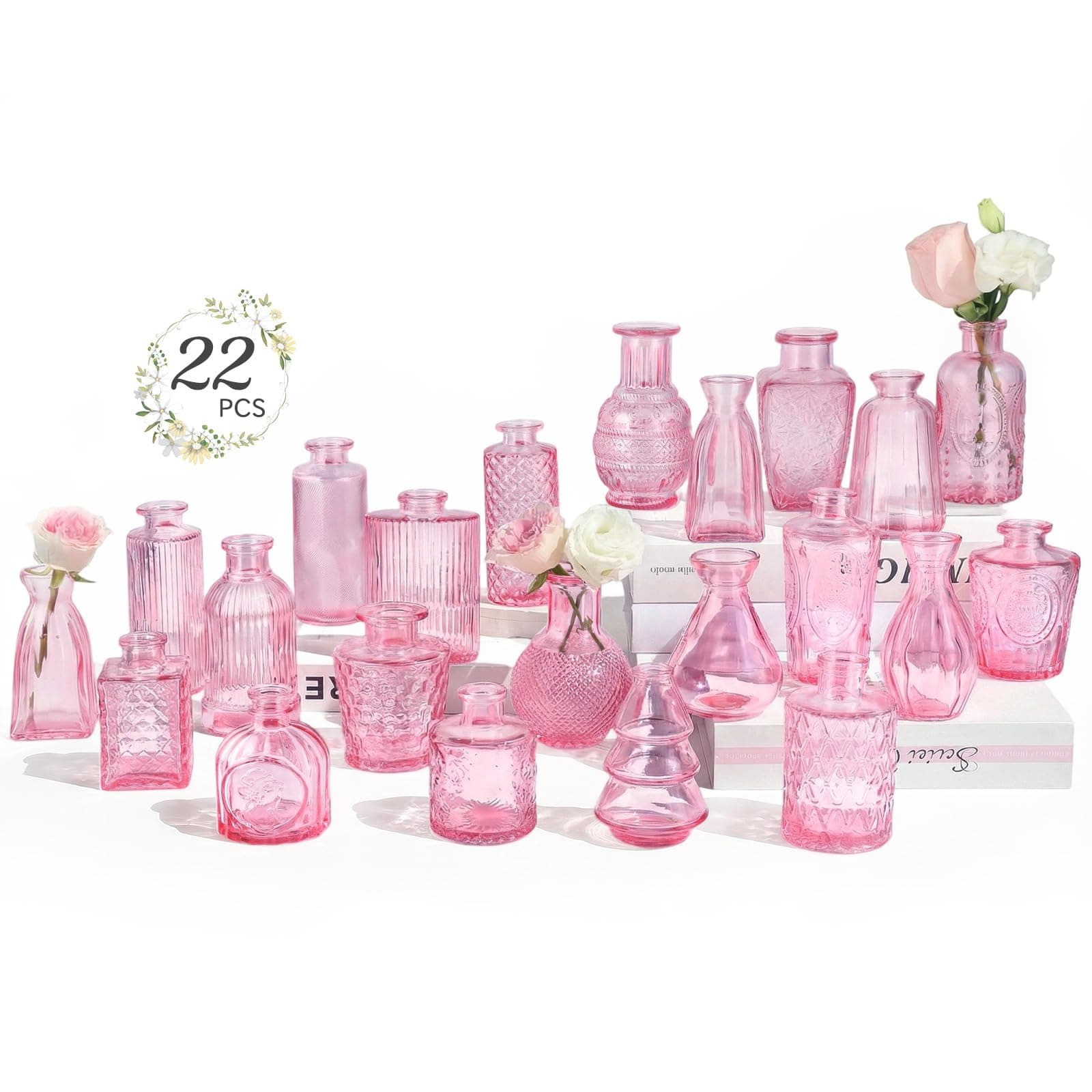 RUCKAE Pink Flower Vase in Bulk 22 Glass Bud Vases Vintage Small Vases for Centerpiece Table Wedding Decorations Home Decor Party