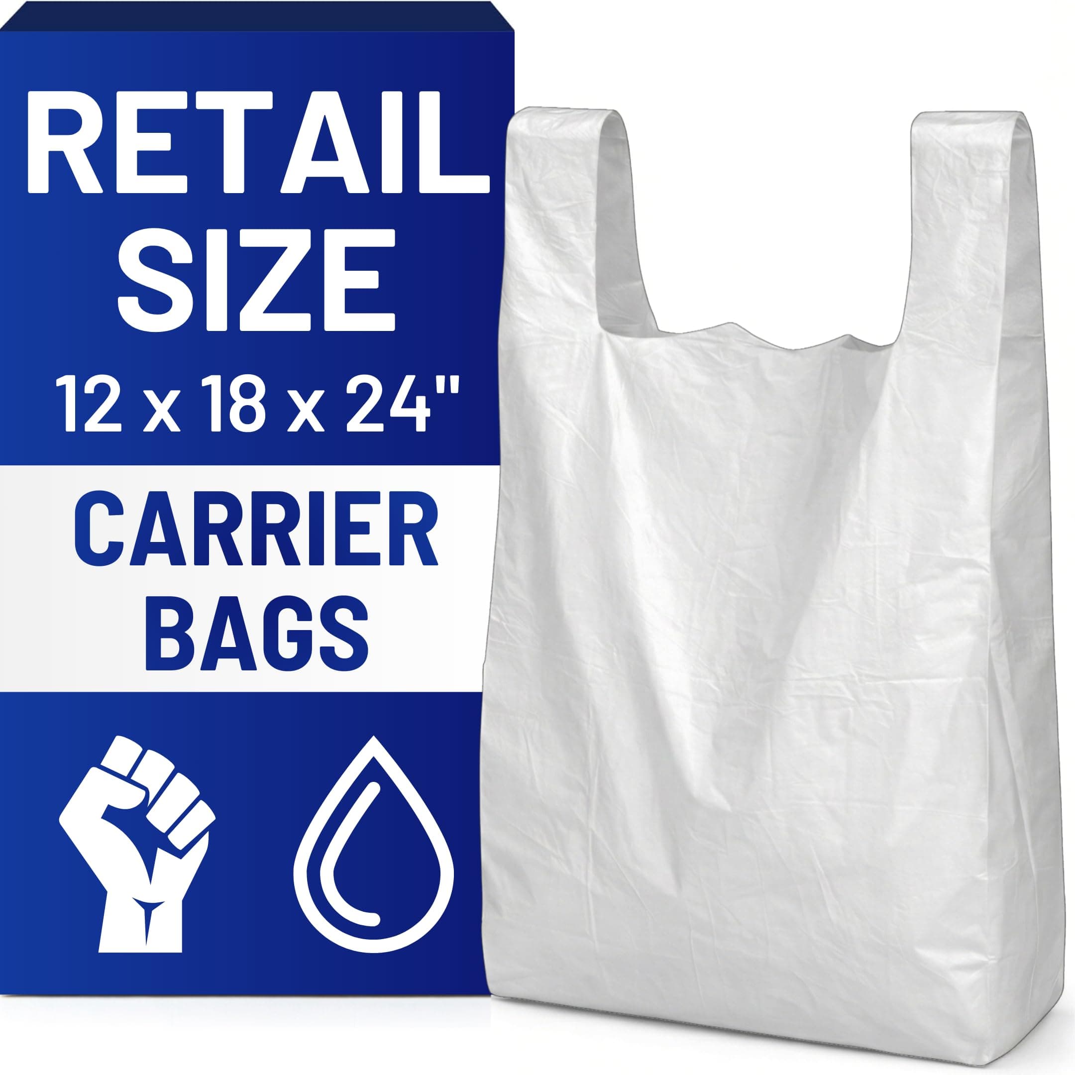 PWgoods Plastic Carrier Bags White - Standard Retail Size 12x18x24, 200 Pack, Medium Duty Large Carrier Bag with Handles, Groceries Retail Shopping Takeaway Bin