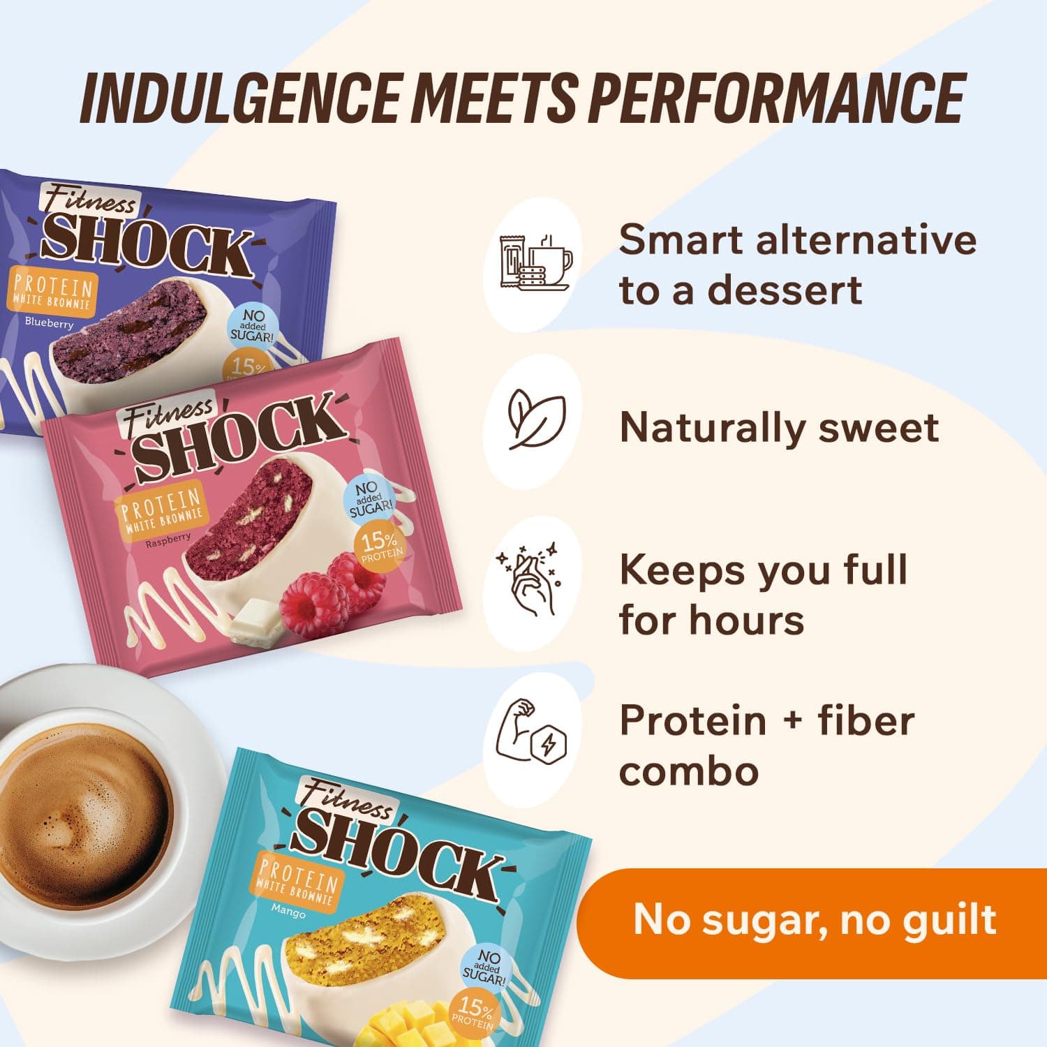 FitnesSHOCK Protein Brownie Dark Chocolate, No Added Sugar, 15%/7,5g Protein, 233kcal, Pre/Post Workout Snack - No Palm Oil, Filling dietary fibre, Soft Texture, 10x50g - Mango-Raspberry-Blueberry