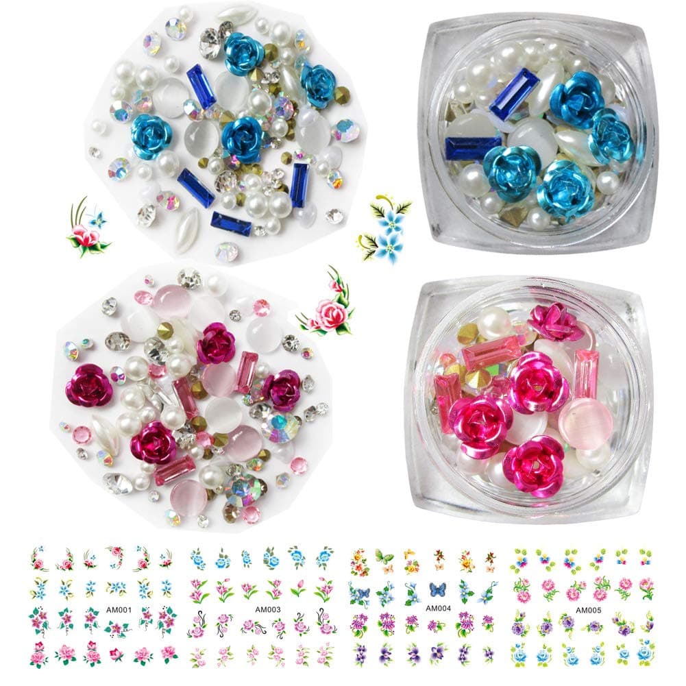 2 Packs Colorful Rose Nail Art Rhinestones Decorations, 4 Sheets Stickers Decals, Acrylic Pearls Accessories Nail Art Kits for Nail Salon DIY Design Manicure (LUCK012C)
