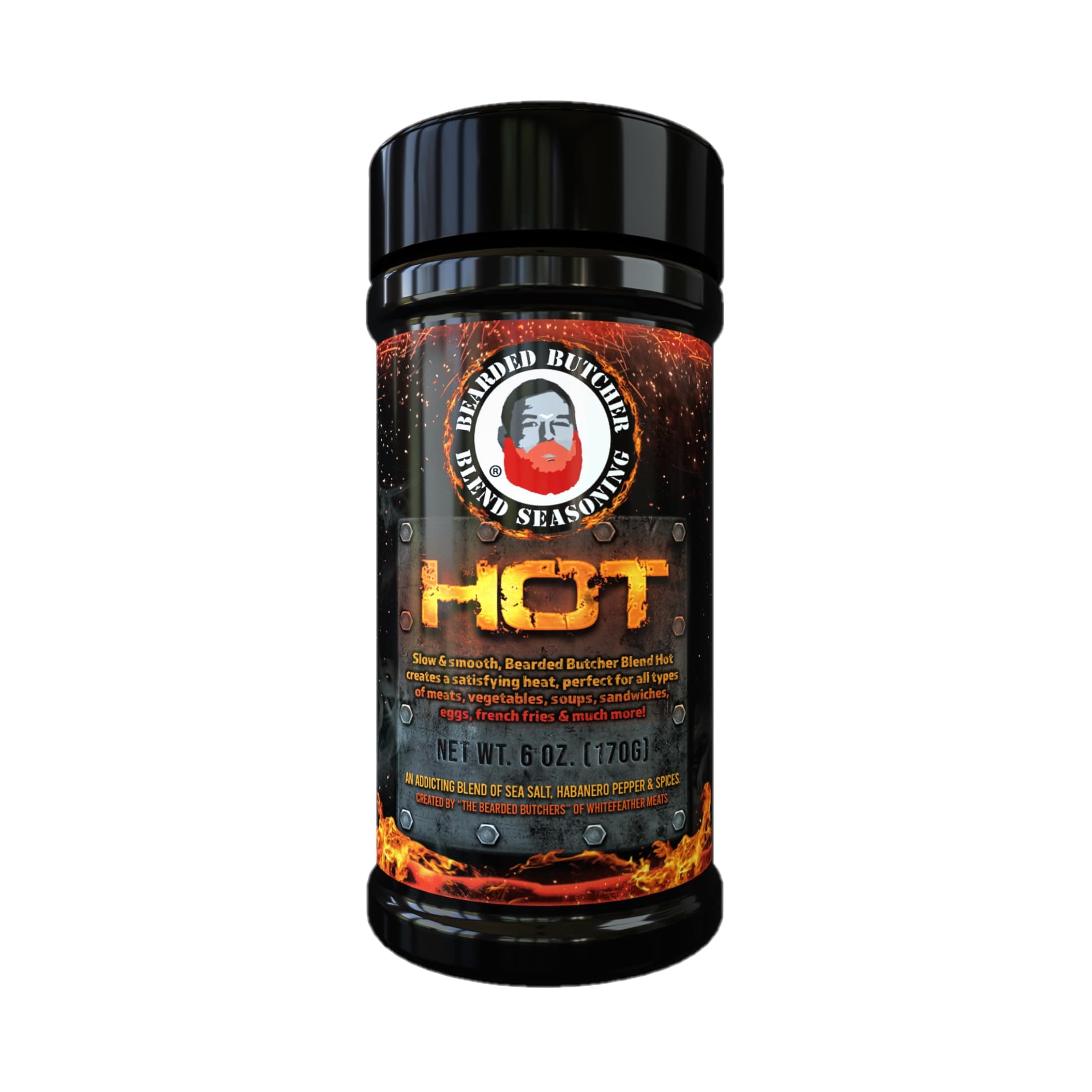 Bearded Butchers Hot Blend Seasoning, 6 oz Shaker - Habanero Hot Spice, Perfect for Steaks, Burgers, Soups, Roasts, and Game Meats - No MSG, Gluten-Free, All-Natural Flavor, and No Sugar
