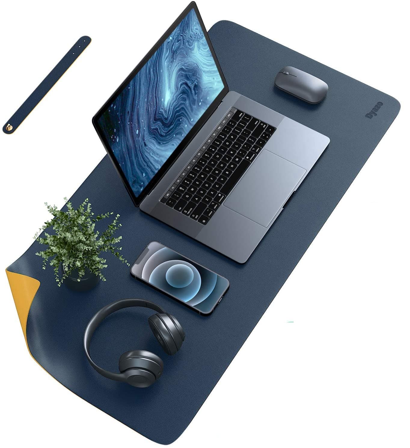 Dyazo Vegan PU Leather Mouse Pad, Extension Desk Mat for Home, Office, Gaming, Reversible Anti-Slip, Design Waterproof Desk Spread (35" x 17.7", Navy Blue and Yellow Ochre)