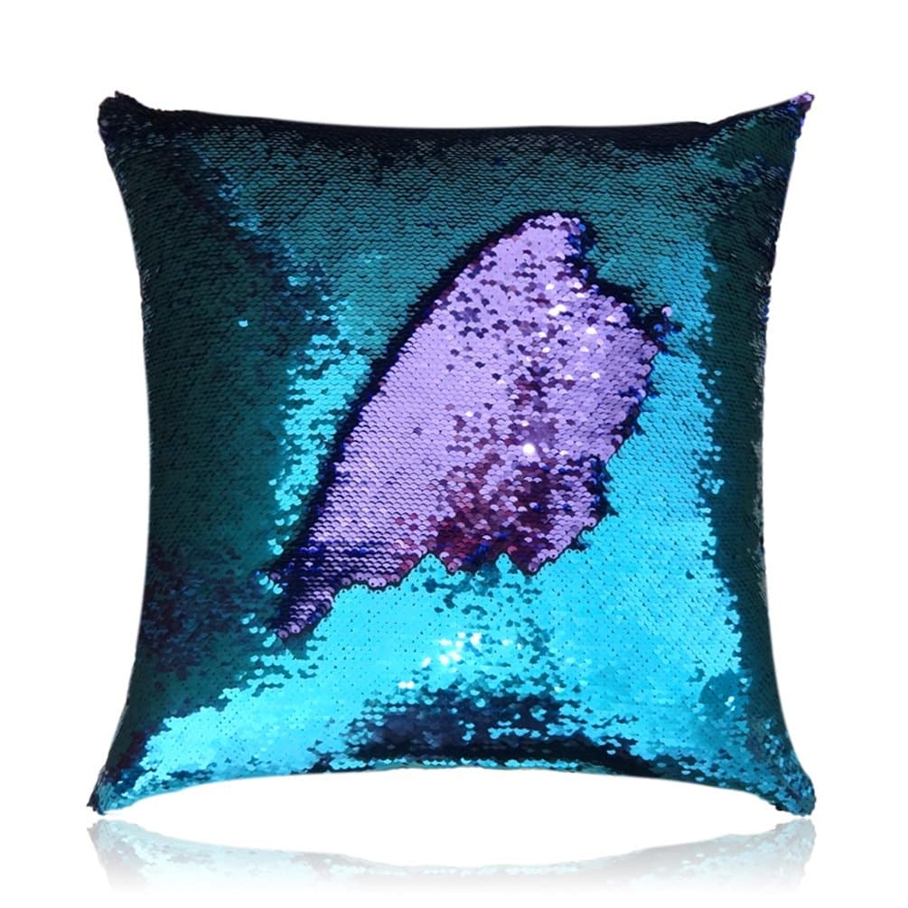 18 x 18 Inch Teal and Light Purple Mermaid Pillow Reversible Sequin Pillow Cushion Without Insert
