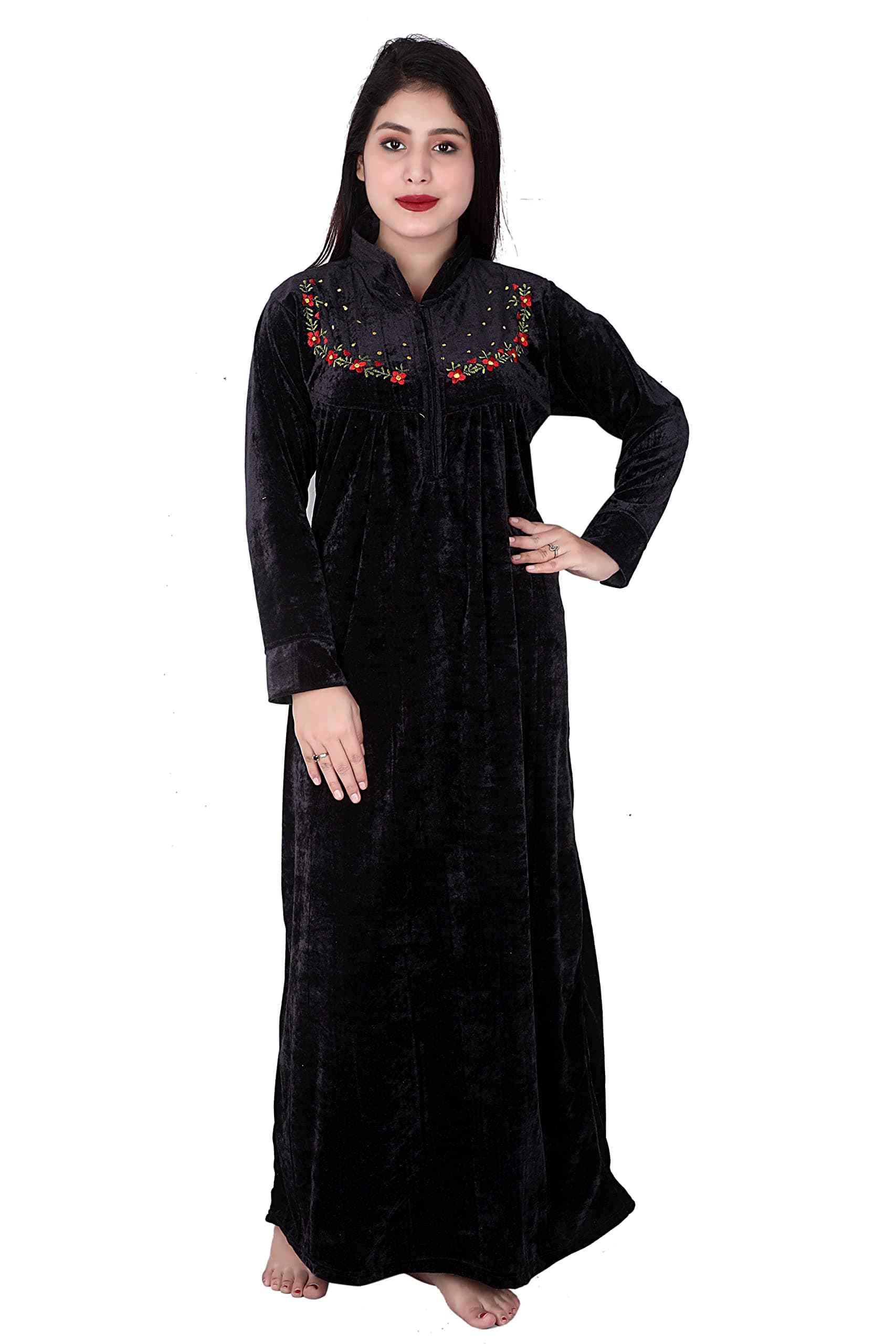 GlossiaFashion Solid Embroidered Shaneel Velvet Warm Fabric Women Maxi Woolen Nighty/ Night Gown(WNTY-D4-$), Black, Free Size