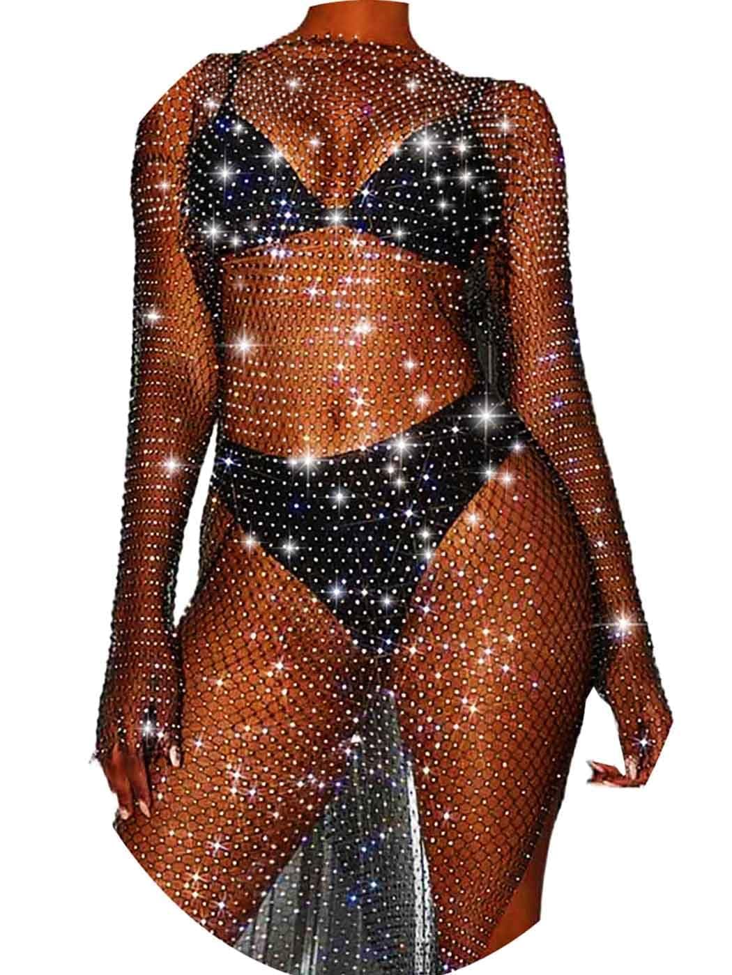 Fstrend Women Rhinestone Mesh Dress Black Sparkly Crystal Cover Up Long sleeves Skirts Concert Rave Fishnet Outfits