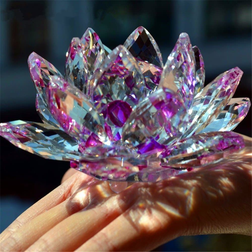 Crystal Lotus Flower Bouquet Large Size Craft Home Decoration Birthday Wedding Gift, Purple