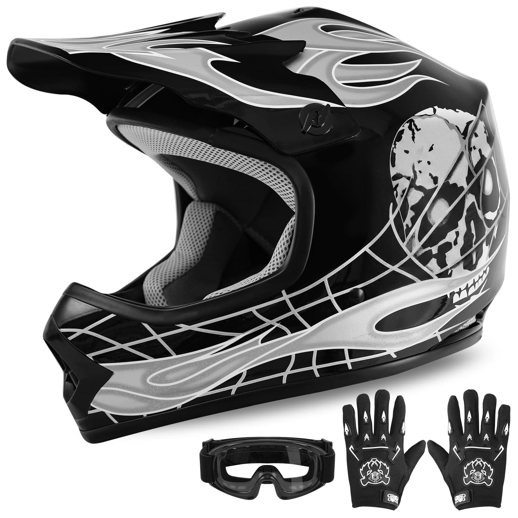 XFMT DOT Youth Kids Dirt Bike Helmet Full Face Motocross Helmets for Off-Road ATV Street Bike Four Wheeler Motorcycle with Goggles & Gloves, Black Skull Medium