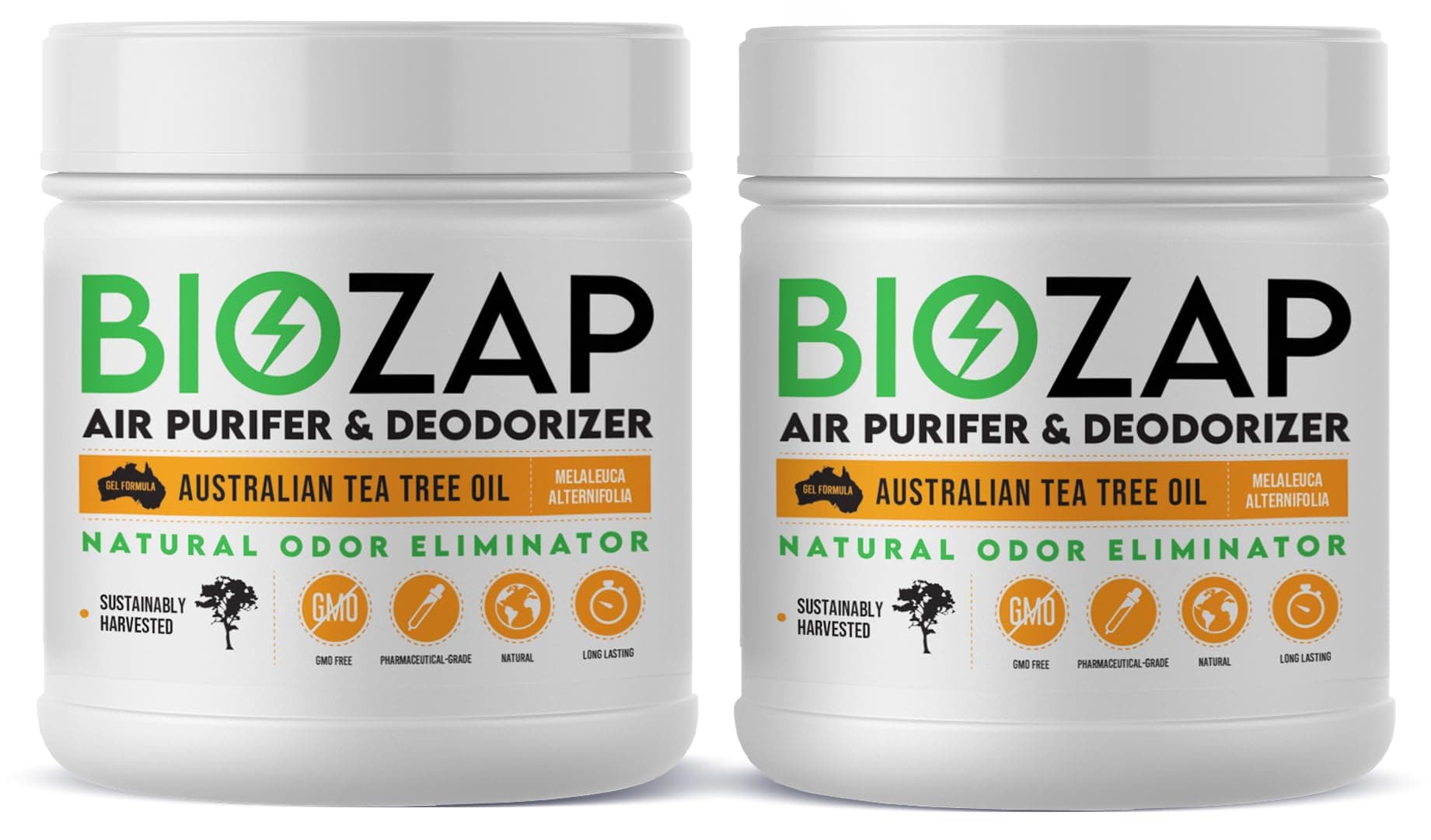 BioZap Air Purifier & Deodorizer (2-Pack) Pharmaceutical-Grade Australian Tea-Tree Oil Gel, Naturally Cleans Odors, Basements, Crawlspaces, Boats, Gyms & More, Natural Scent.
