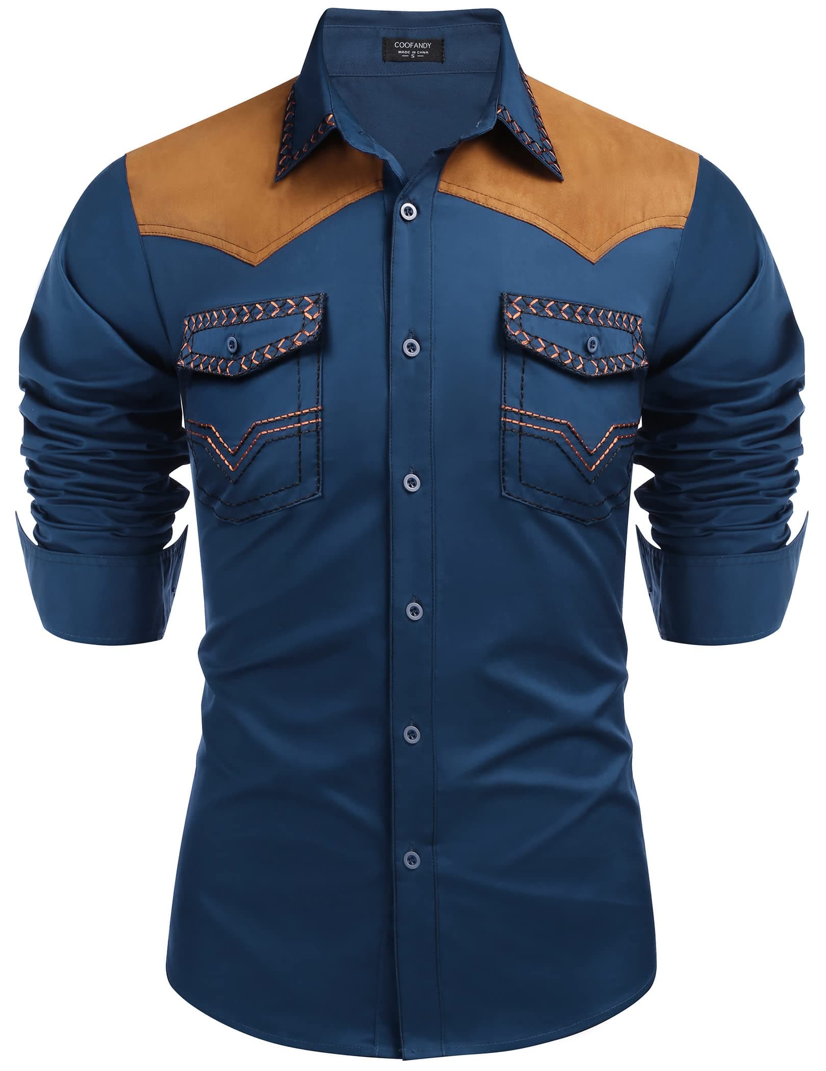 Men's Western Cowboy Shirt Embroidered Long Sleeve Slim Fit Casual Cotton Button Down Hippie Shirts with Pockets