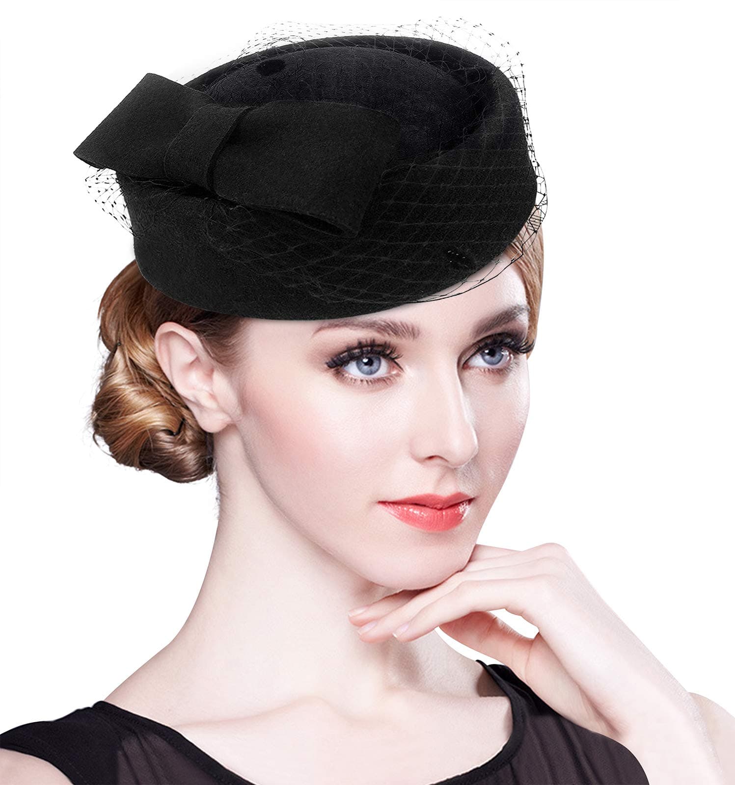 British Vintage Wool Felt Pillbox Hat Ladies Church Derby Winter Fascinator Hat Veil Flower Fedoras