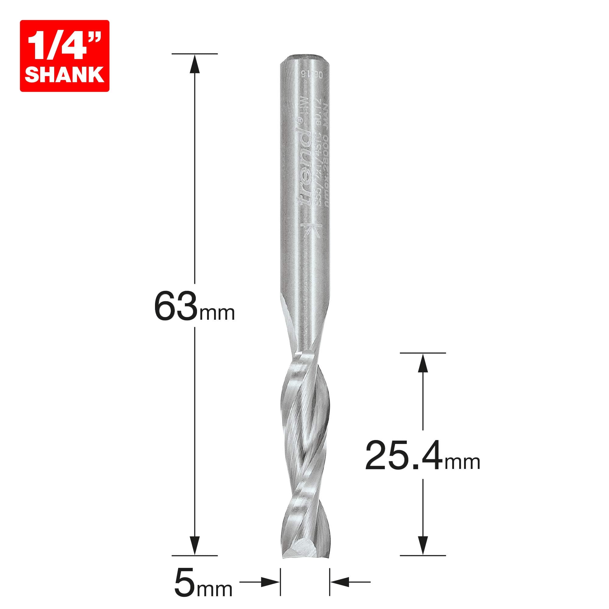 Professional Spiral Up-Cut CNC Router Cutter, 1/4 Inch Shank, 6.35mm Cut Diameter, 25.4mm Cut Length, Solid Tungsten Carbide, S55/2X1/4STC