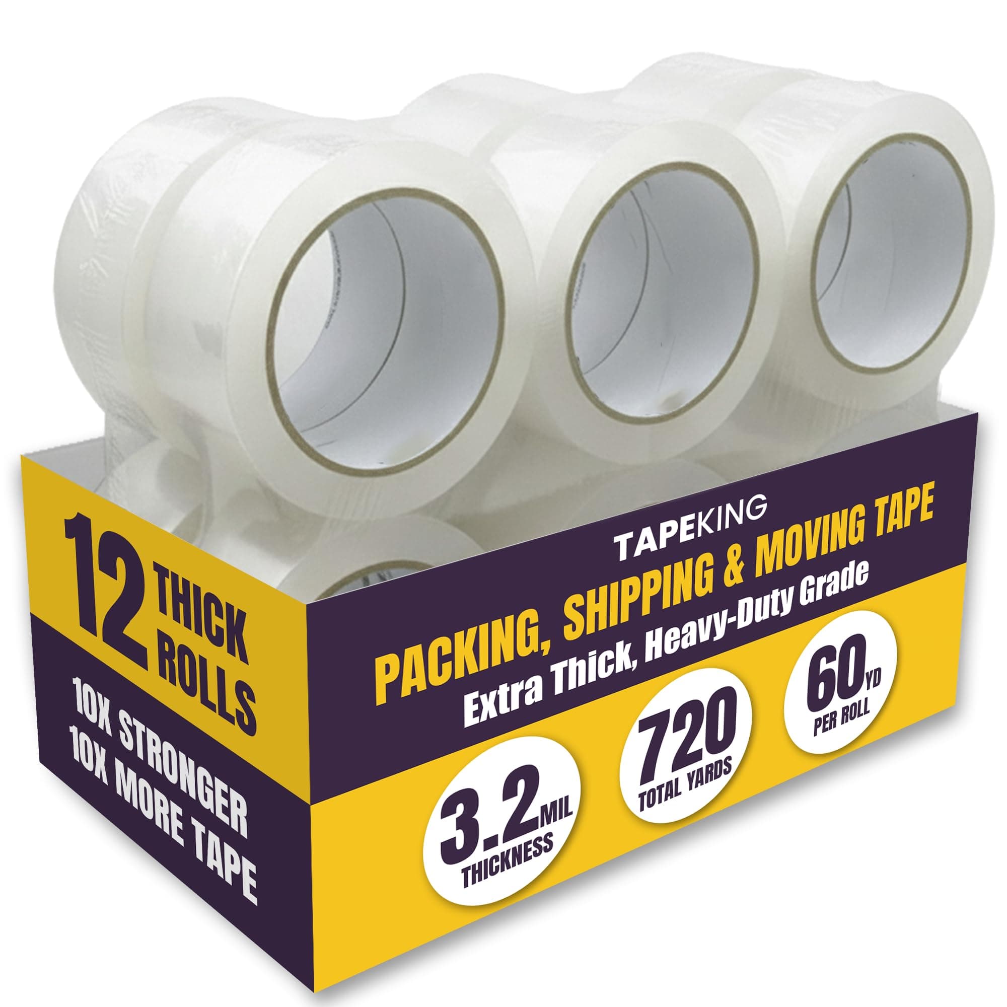 - Tape King Clear Packing Tape Ultra Thick | 60 Yards Per Roll (12 Rolls) | 2 Inch Wide Heavy Duty Packing Tape 3.2mil Strong Adhesive for Moving Boxes, Shipping Cartons & Sealing (720 Yards)
