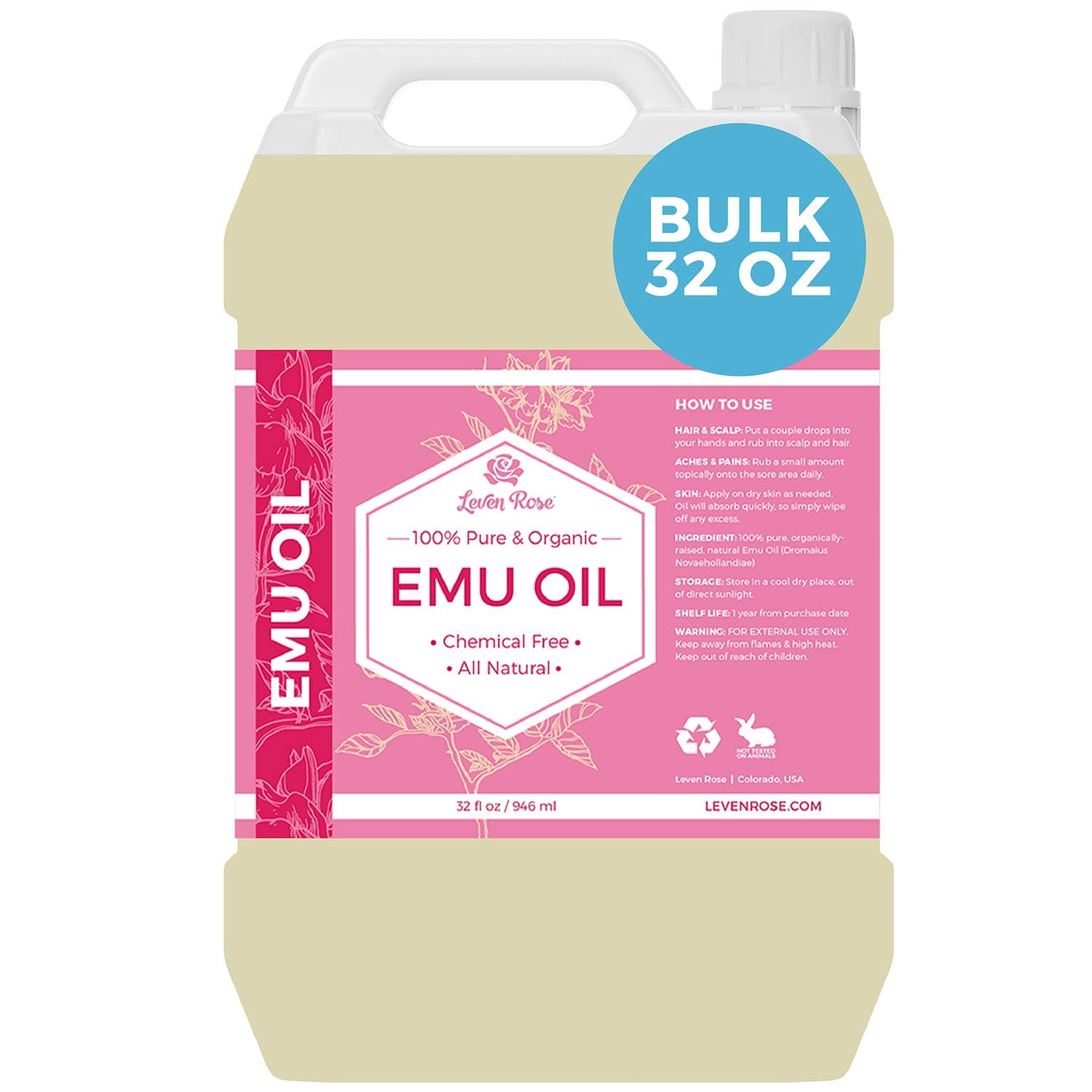 Leven Rose Emu Oil 100% Pure Natural Bulk 32 oz