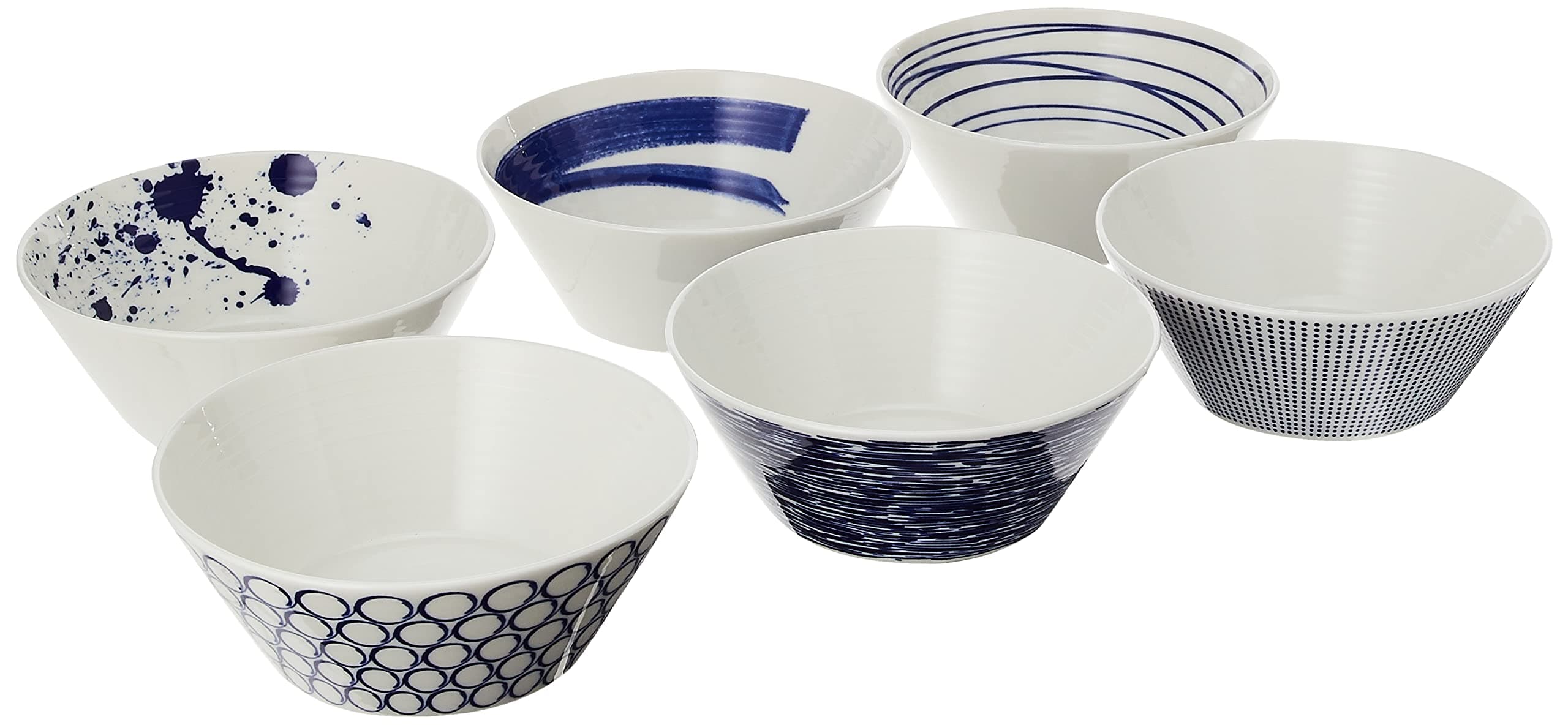 Bowls, Stoneware, Designed to Mix & Match, 1815 Pacific 16cm/6.3in, Blue Mixed Patterns, Set of 6