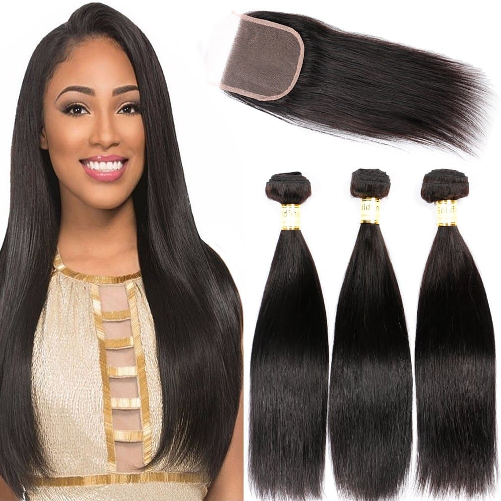 Goldfinch Hair Brazilian Virgin Straight Hair Weave 3 Bundles with 1 Piece Closure 100% Unprocessed Human Hair Extensions With Brazilian Lace Closure(20" 22" 24" weft + 18"closure)