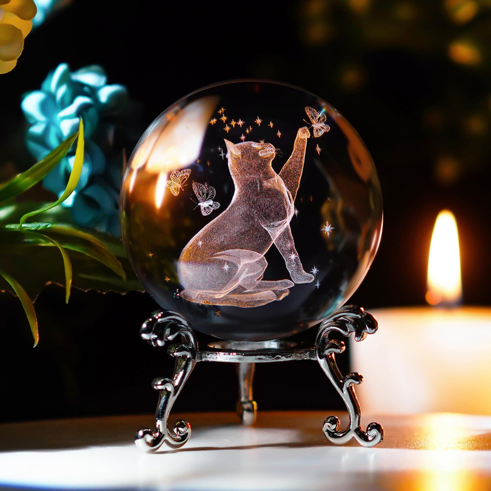 HDCRYSTALGIFTS 60mm Cat Crystal Ball with Stand 3D Laser Engraved Animal Figurines Glass Globe Decorative Ball Crystal Sphere Paperweight Gifts for Women