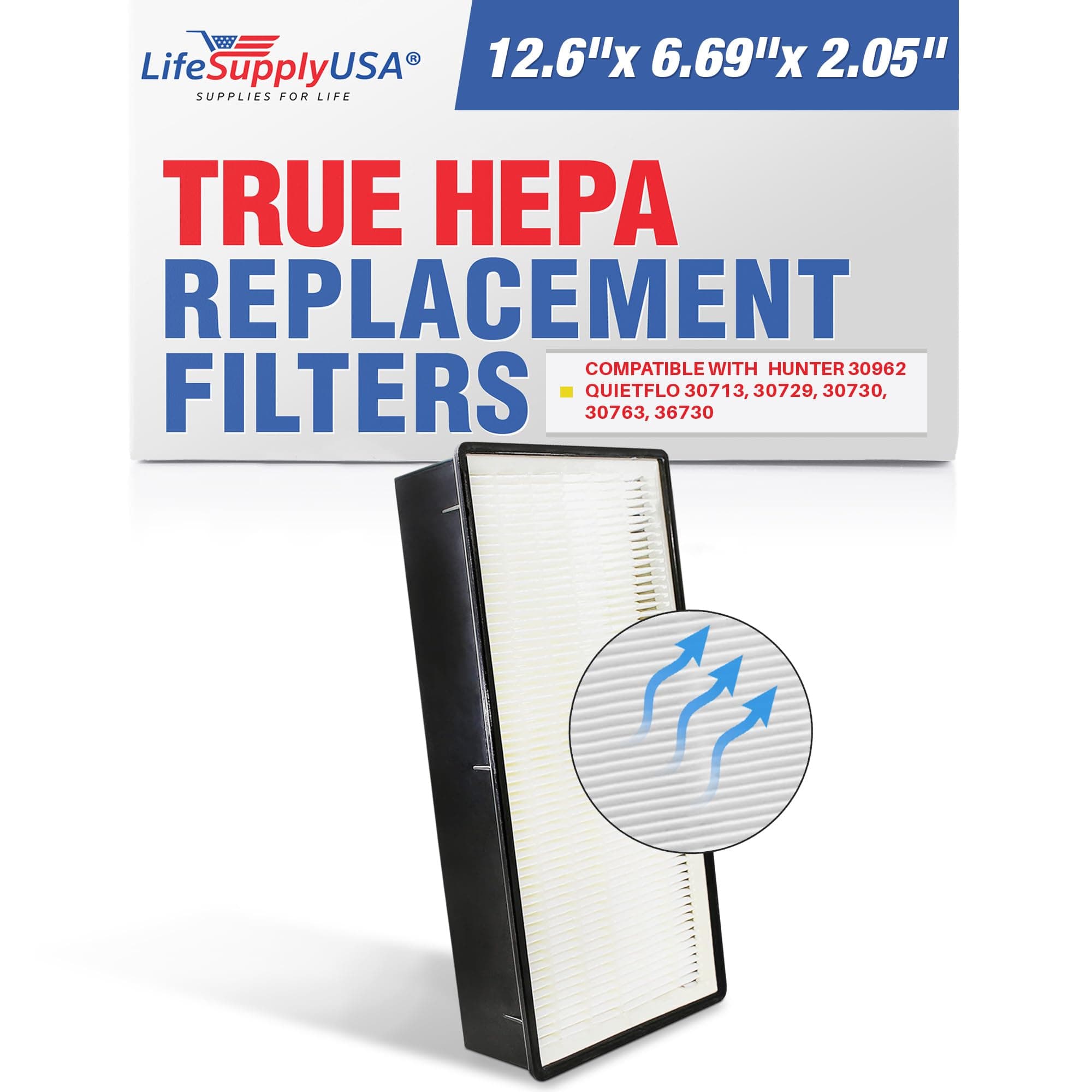 LifeSupplyUSA True HEPA Filter Replacement Compatible with Hunter 30962 QuietFlo 30713 30729 30730 30763 36730 Air Purifier