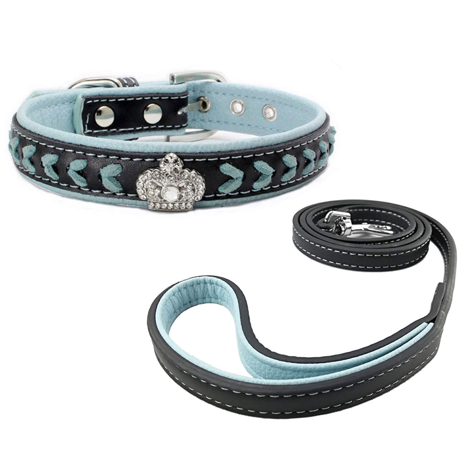 Newtensina Dog Collar and Lead Set Nylon Straps Woven Bling Collar Leather Diamante Puppy Collar with Leash for Dogs - Blue - S
