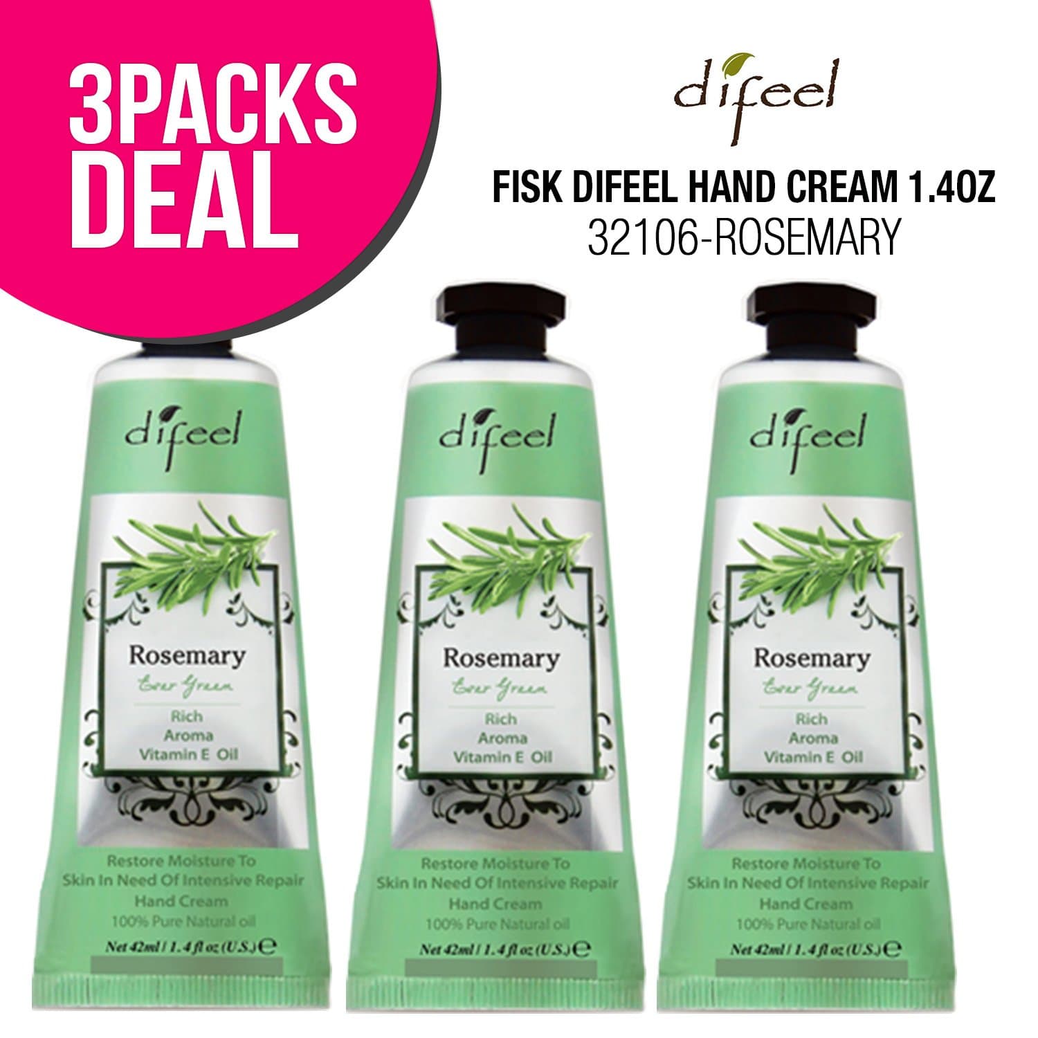 (3 PACK) Difeel Hand Cream 1.4oz (ROSEMARY) for Dry Hand Aging Hand, Moisturizing