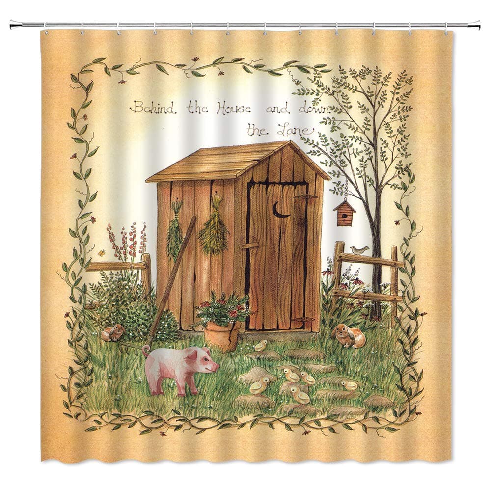Retro Outhouse Shower Curtain Old Wooden Shed Primitive Country Cabin Rustic Farm Floral Animal Vintage Wood Barn Outside Fence Birdhouse Rural Farmhouse Polyester Fabric Bath Curtains 70 x 70 Inch