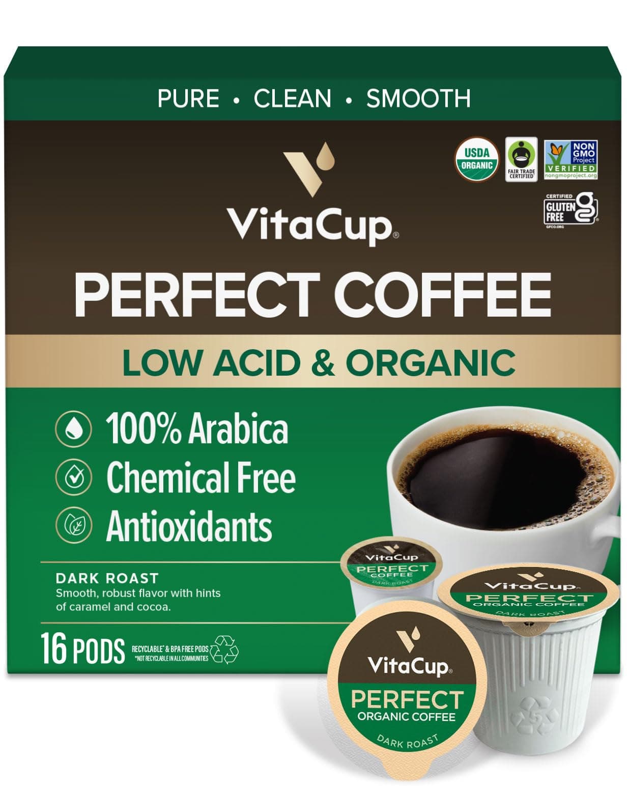 Perfect Low Acid Coffee Pods, USDA Organic & Fair Trade, Mycotoxin Free, Dark Roast Guatemala Single Origin, Clean & Pure Single Serve Pod compatible w/Keurig K-Cup Brewers,16 CT