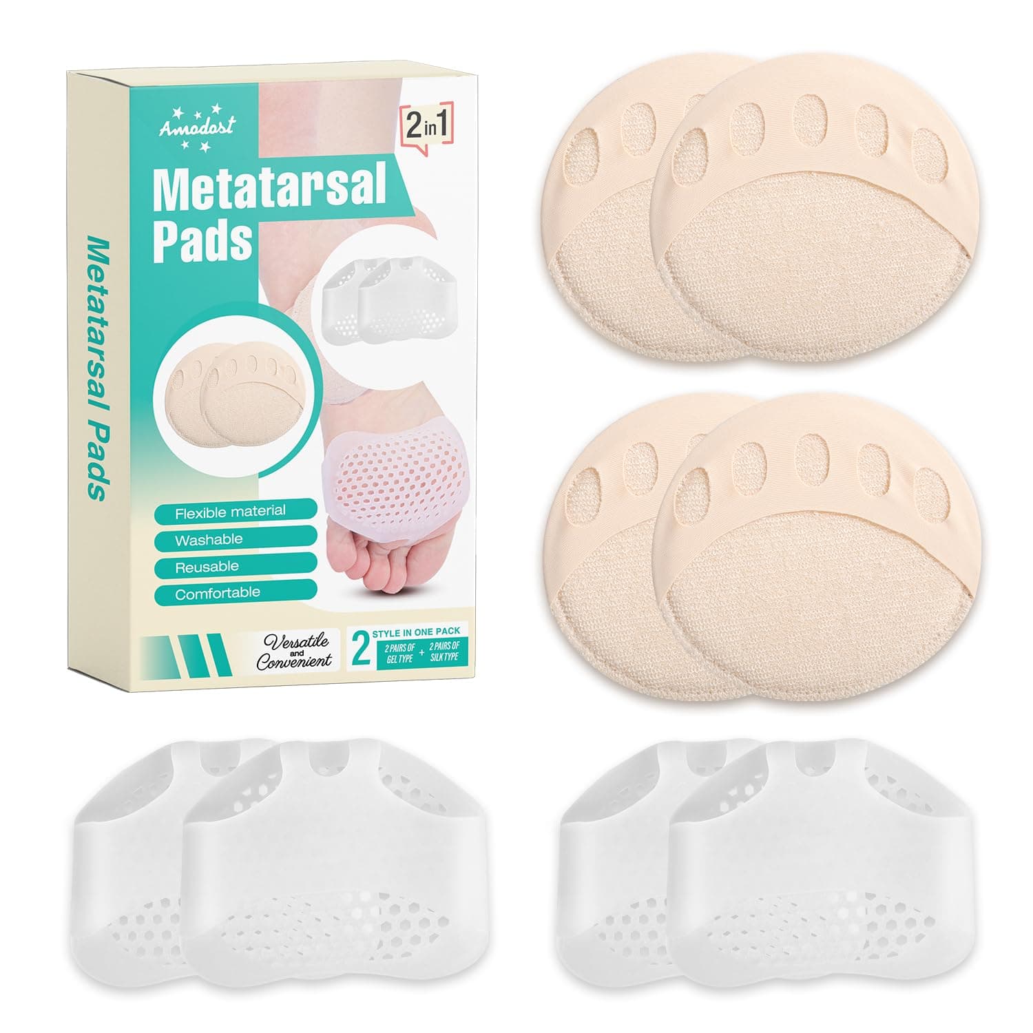 Metatarsal Pads for Women and Men - AMODOST Ball of Foot Cushions Shoe Pads for High Heels - Soft Gel and Fabric Reusable Forefoot Heel Pads Feet Pain Relief - 4 Pairs