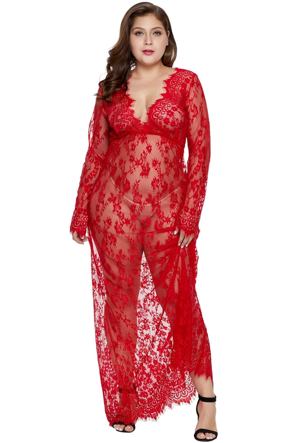 Women Plus Size Floral Lace Nightgown Long Lingerie Sleepwear Chemise Red XL